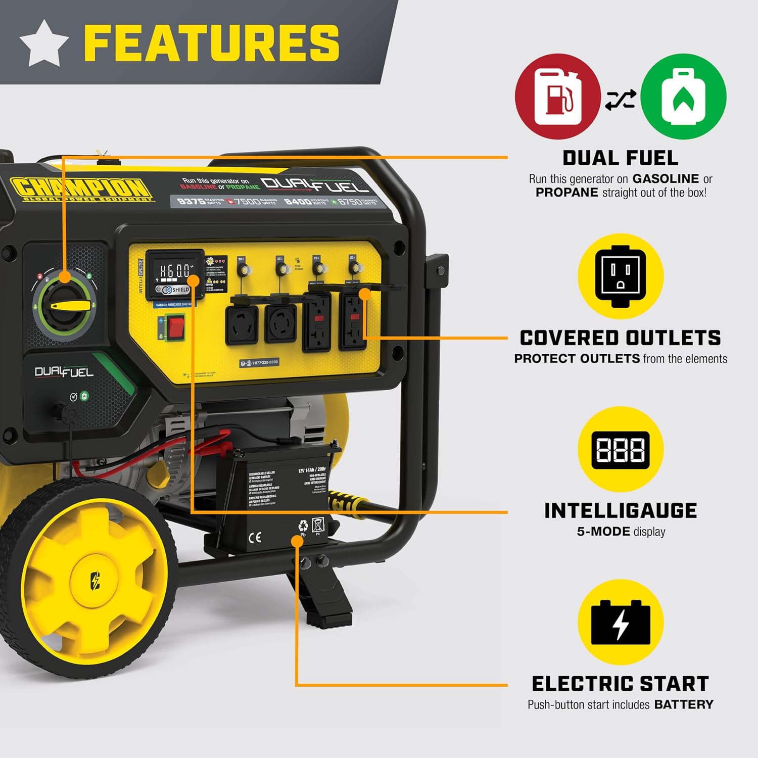 Champion Power Equipment 9375-Watt Dual Fuel Portable Generator with Electric Start and Free 3-Year Warranty