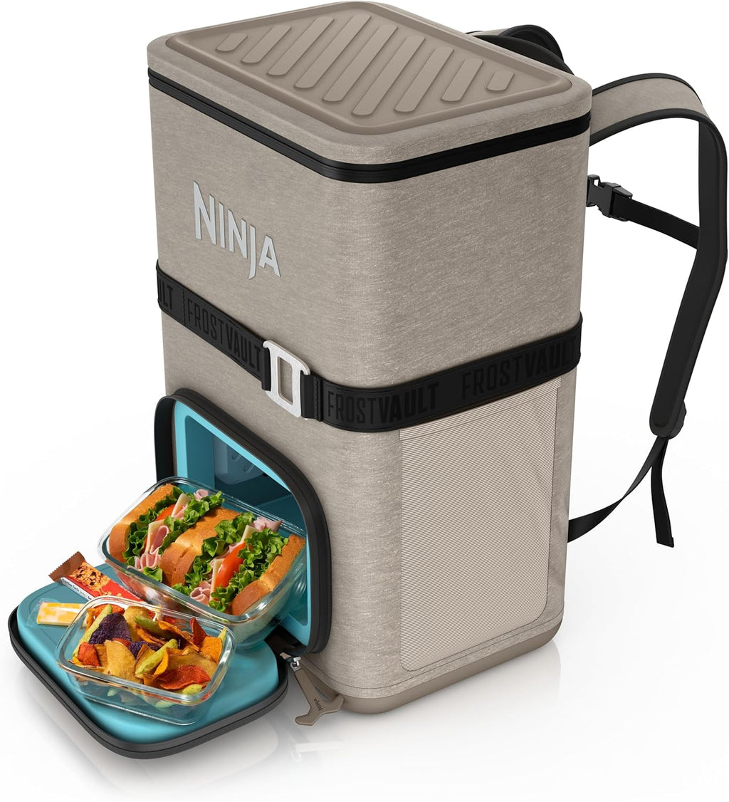 Ninja | Backpack Cooler | FrostVault Go 36 Can Soft Cooler | Leakproof Zipper with Built in Can Opener, 2 Ice Packs & Dry Storage Drawer | for Hiking, Camping & More | Birch Beige | FF136CS