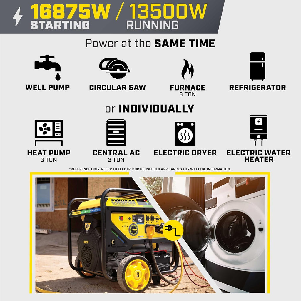 Champion Power Equipment 16,875-Watt Electric Start Tri Fuel Home Backup Portable Generator, Free 3-Year Warranty