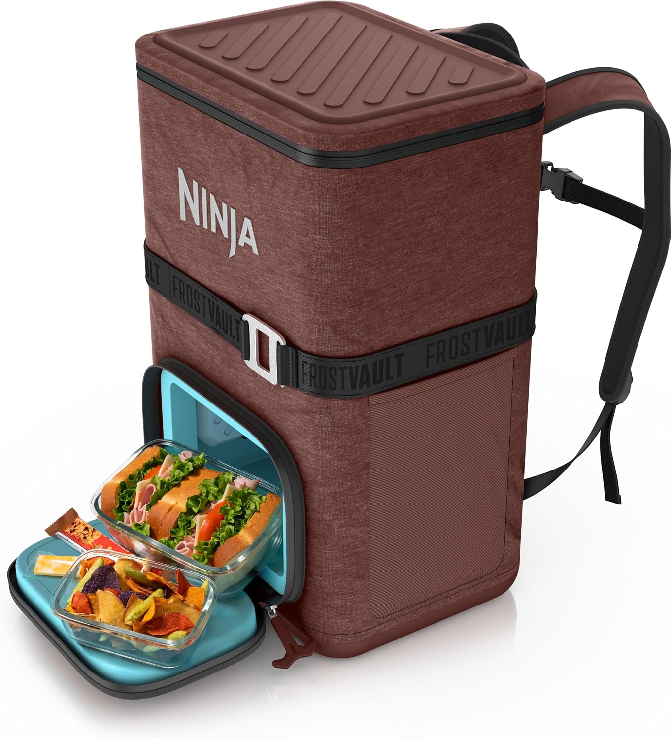 Ninja | Backpack Cooler | FrostVault Go 36 Can Soft Cooler | Leakproof Zipper with Built in Can Opener, 2 Ice Packs & Dry Storage Drawer | for Hiking, Camping & More | Canyon Red | FF136MR