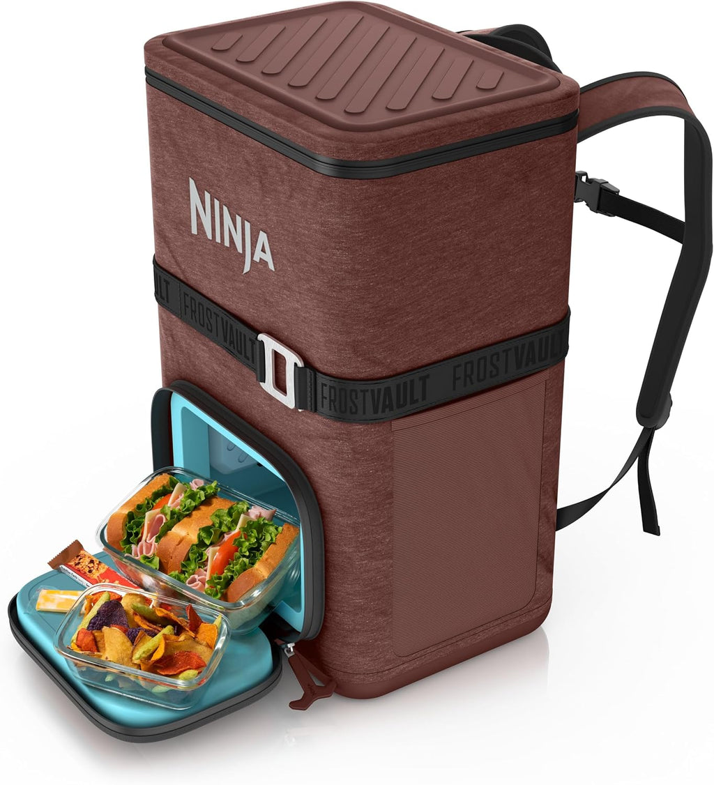 Ninja | Backpack Cooler | FrostVault Go 36 Can Soft Cooler | Leakproof Zipper with Built in Can Opener, 2 Ice Packs & Dry Storage Drawer | for Hiking, Camping & More | Canyon Red | FF136MR
