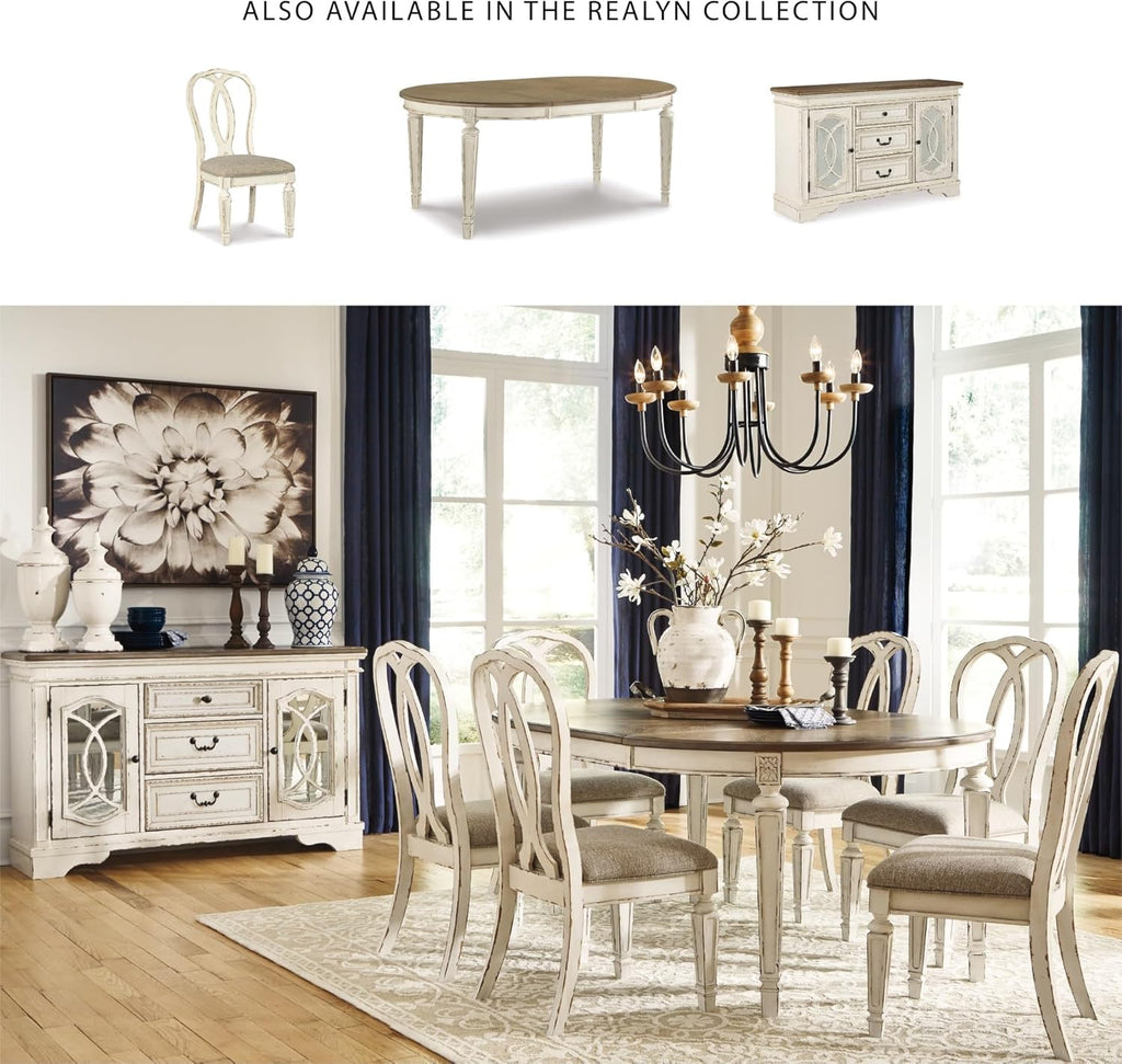 Signature Design by Ashley Realyn French Country Distressed Dining Room Server, 3 Drawers, 2 Cabinet Doors, Wood, 59" W x 17" D x 36.5" H, Chipped White