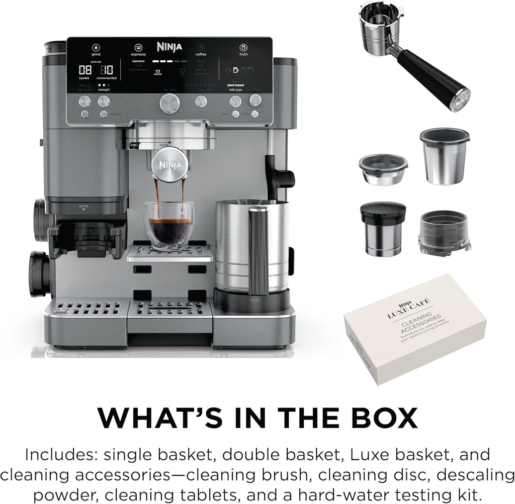 Ninja Luxe Café Premier 3-in-1 Espresso Machine, Drip Coffee, & Rapid Cold Brew | Built-in Coffee Grinder, Hands-Free Milk Frother, Assisted Tamper for Cappuccinos & Lattes | Gunmetal | ES601GM