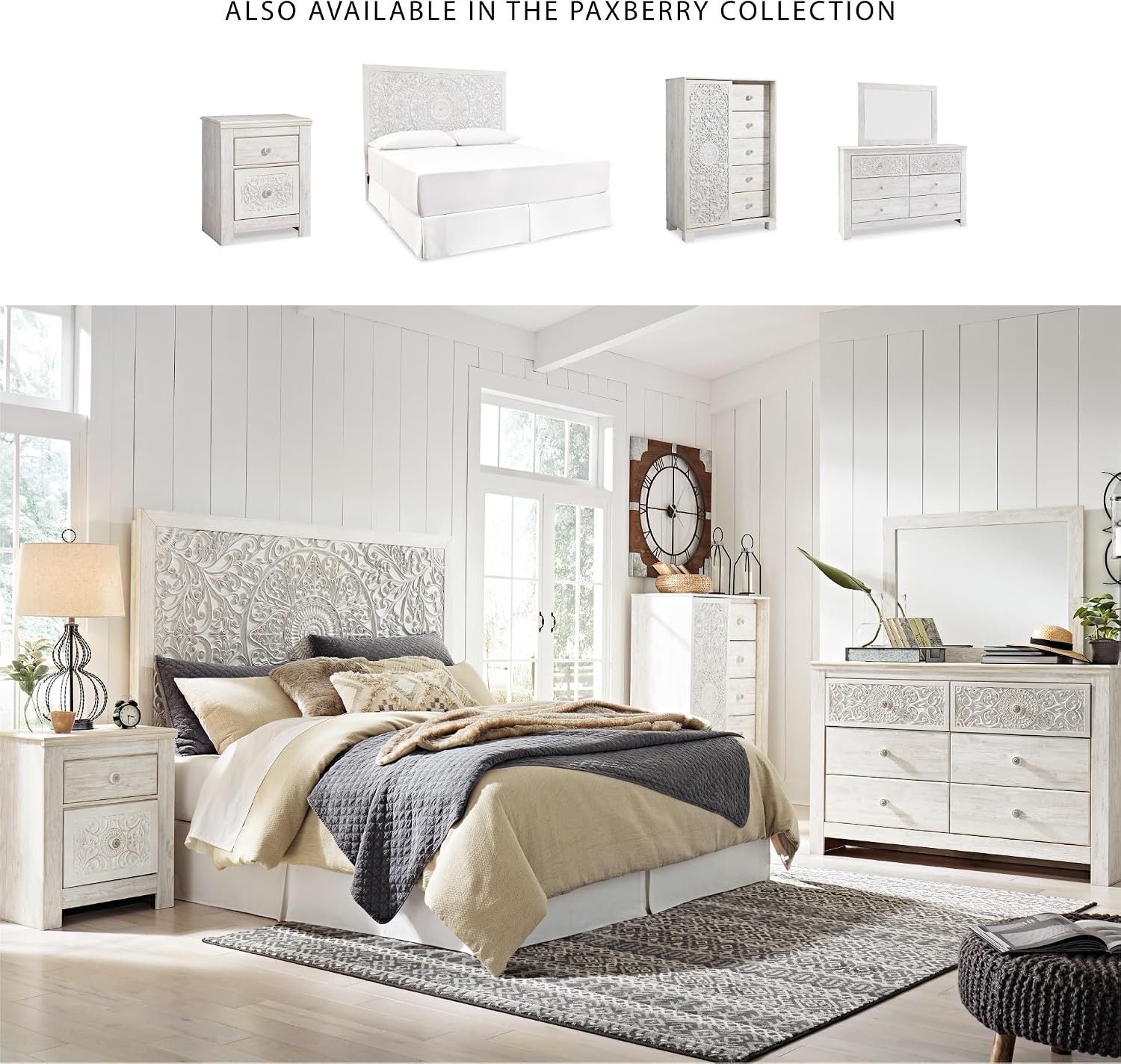 Signature Design by Ashley Paxberry Boho 6 Drawer Dresser, Smooth-gliding Faux Laminate Lined Drawers, Wood, 61.26" W x 15.83" D x 40" H, Whitewash