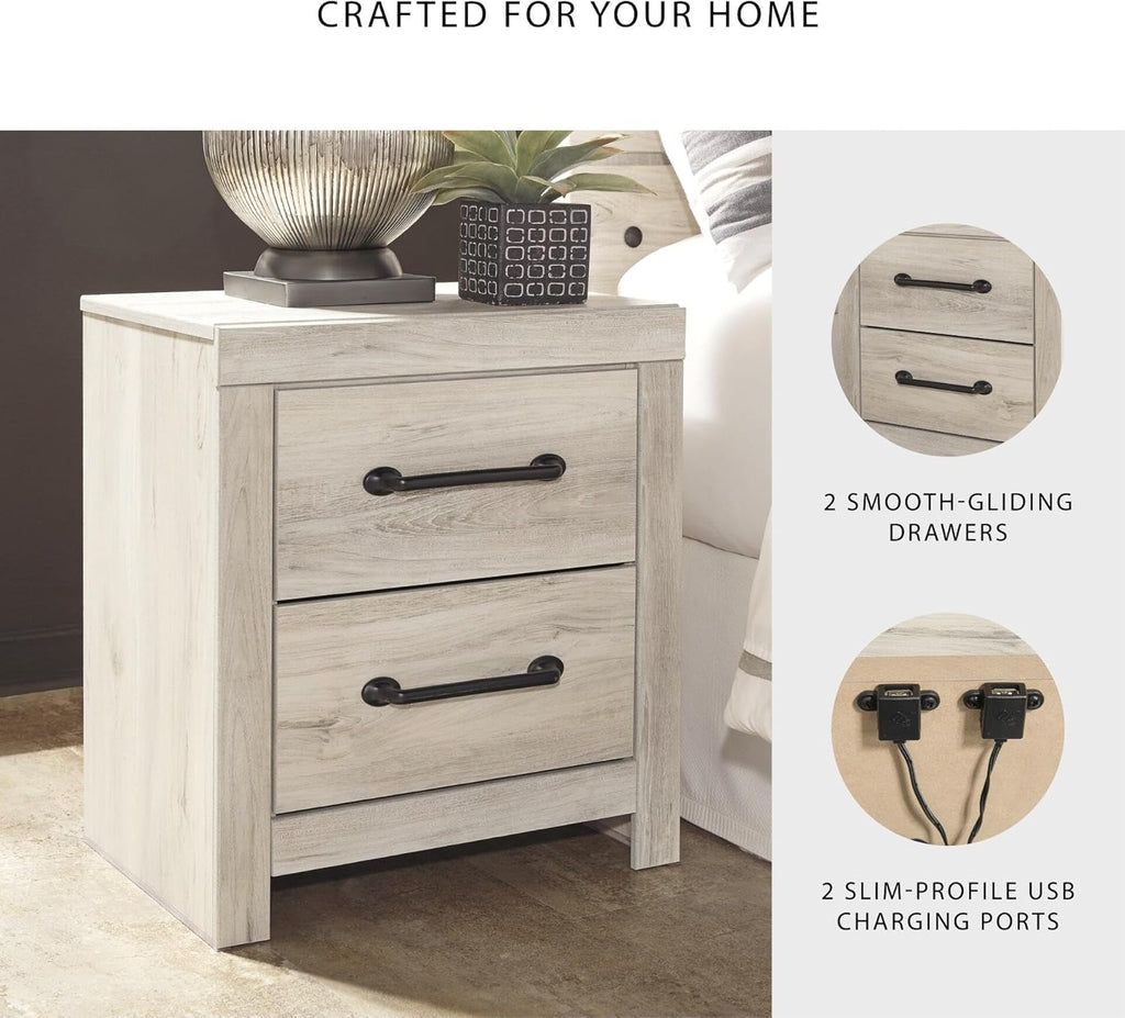 Signature Design by Ashley Cambeck Farmhouse Industrial 2 Drawer Two Drawer Nightstand with 2 Slim-Profile USB Charging Stations, 24.37" Tall, Whitewash