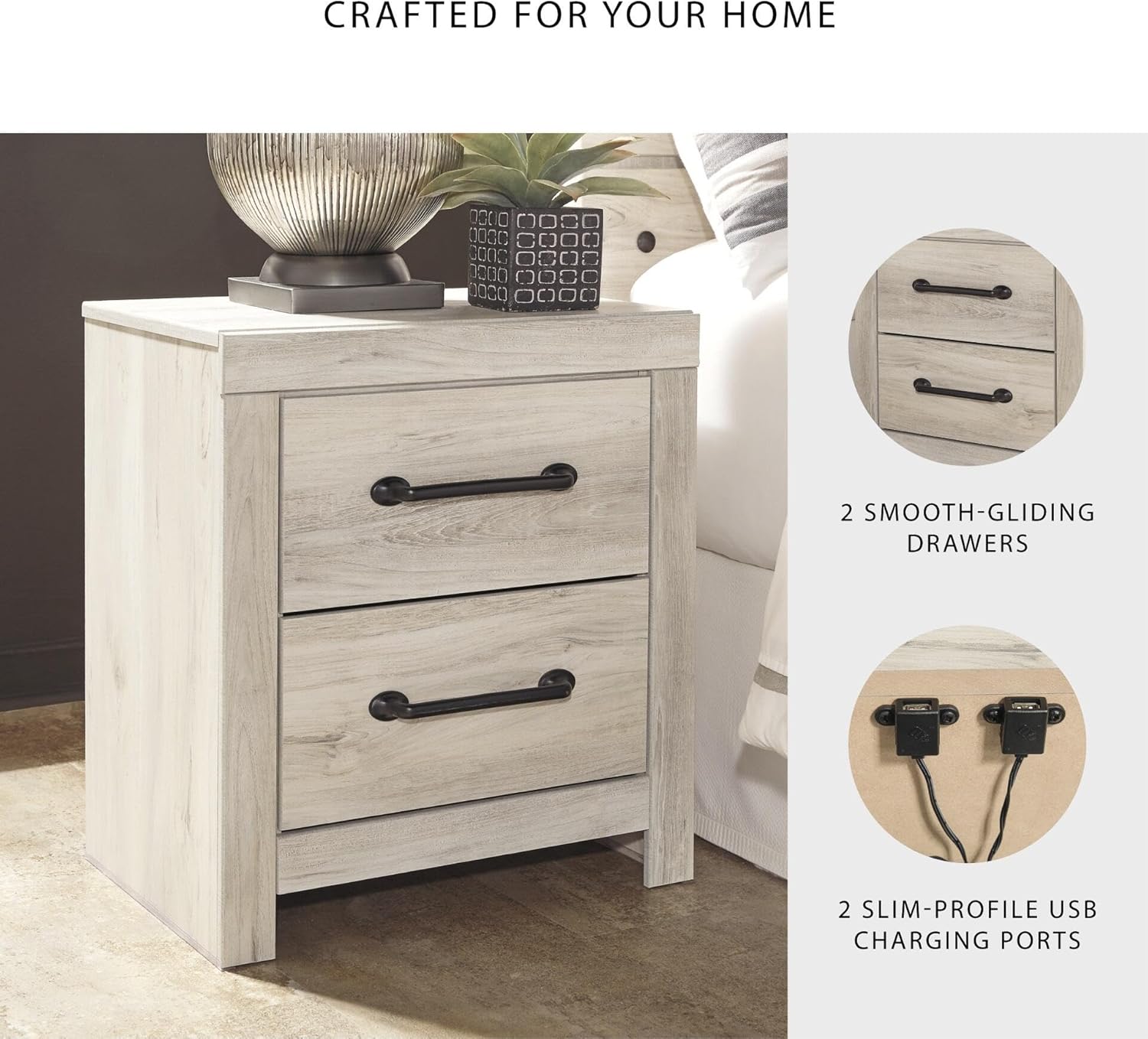 Signature Design by Ashley Cambeck Farmhouse Industrial 2 Drawer Two Drawer Nightstand with 2 Slim-Profile USB Charging Stations, 24.37" Tall, Whitewash