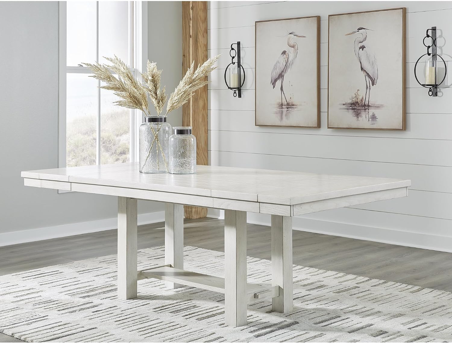 Signature Design by Ashley Robbinsdale Casual Removable Center Leaf Dining Extension Table with Trestle Base, Wood, Ash Veneer, Tabletop with Planked Effect, 2 Removable Center Leaves, Seats 8, White