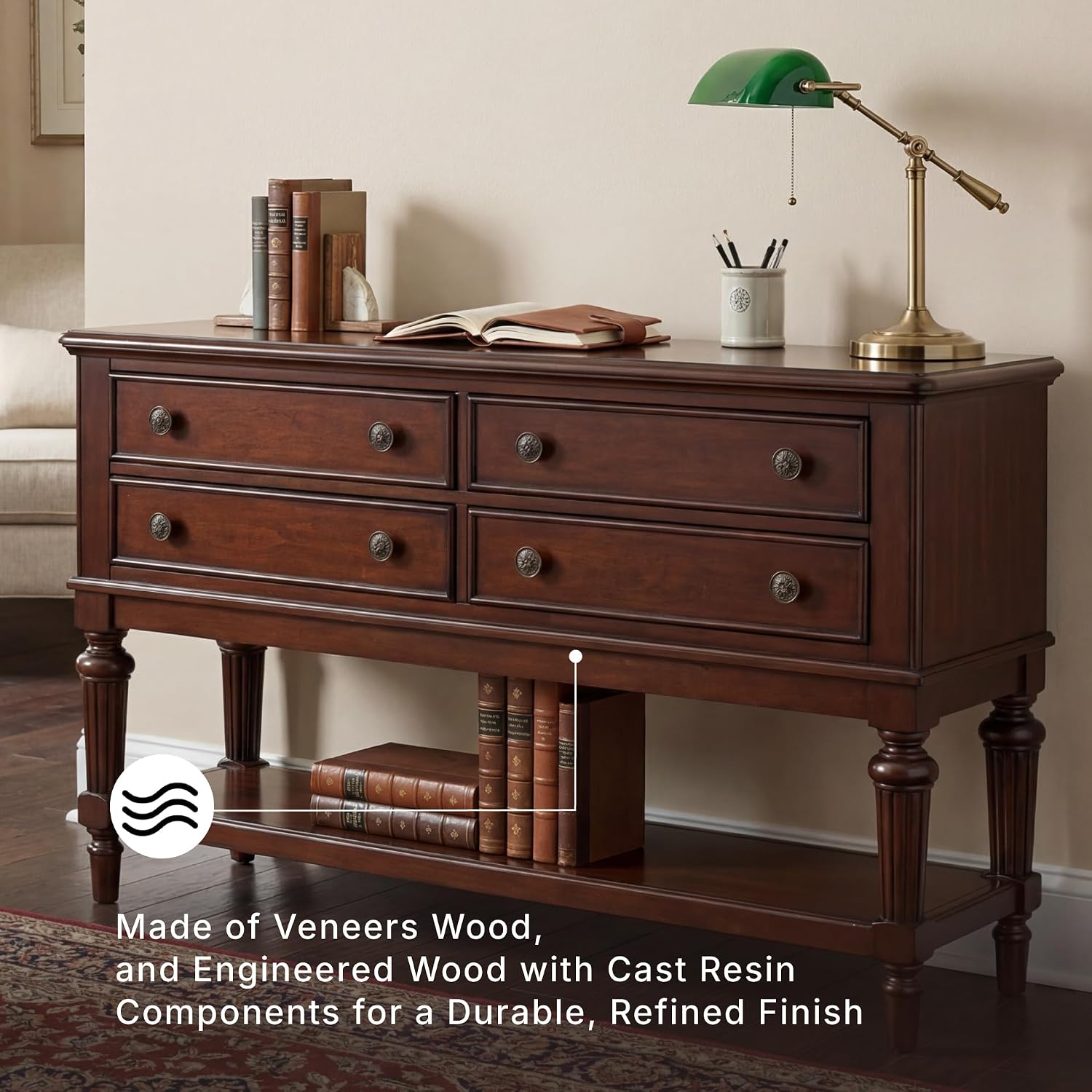 Signature Design by Ashley Lavinton Classic 4-Drawer Dining Server with Open Shelf, Dark Brown