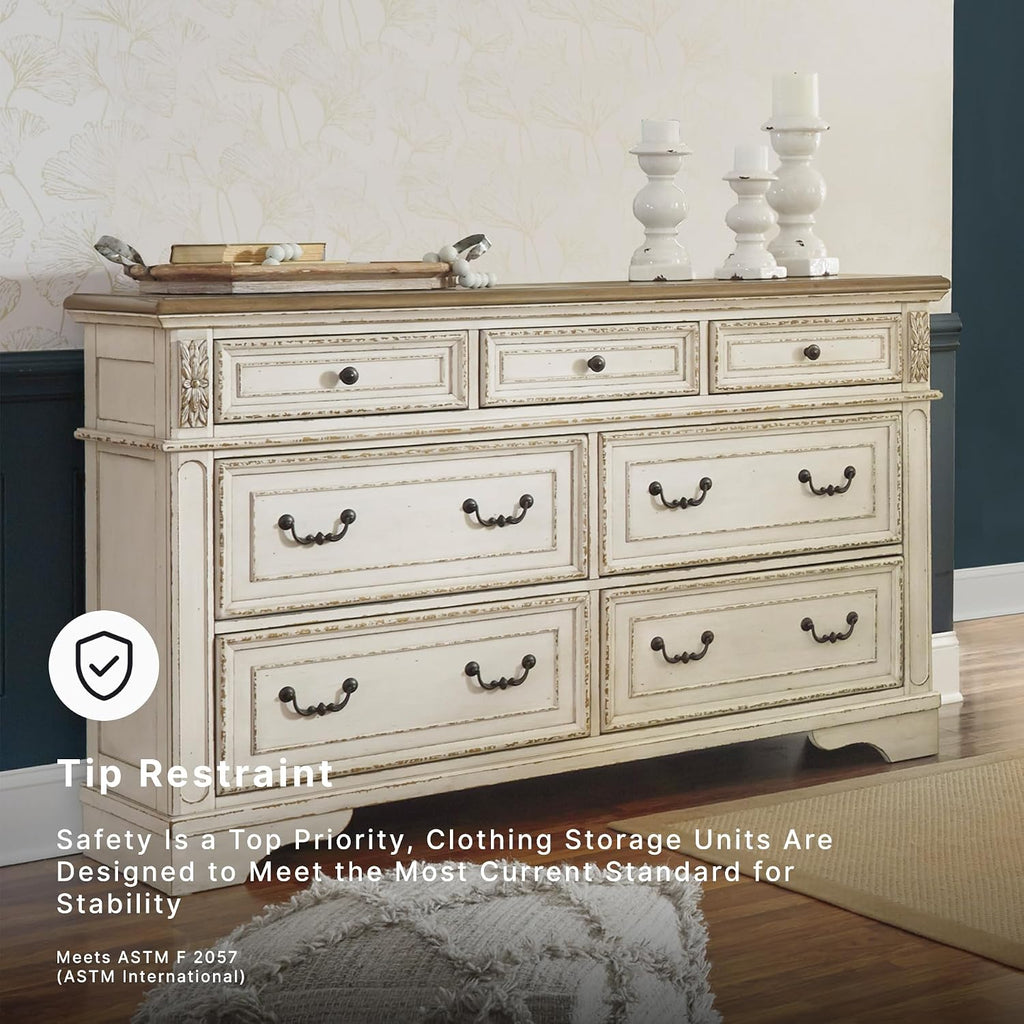 Signature Design by Ashley Realyn | French Country 7-Drawer Two-Tone Dresser – Fully Assembled, Decorative Corbels, Chipped White with Distressed Wood Top