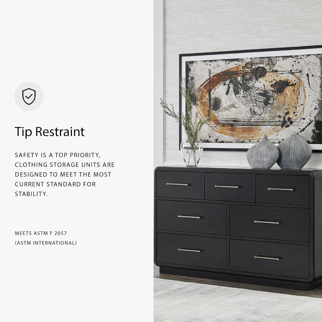 Signature Design by Ashley Rowanbeck Modern Seven-Drawer Dresser with Waterfall Edges, Nickel-Tone Hardware, Wood and Ash Veneer, Black Finish, 63.75' W