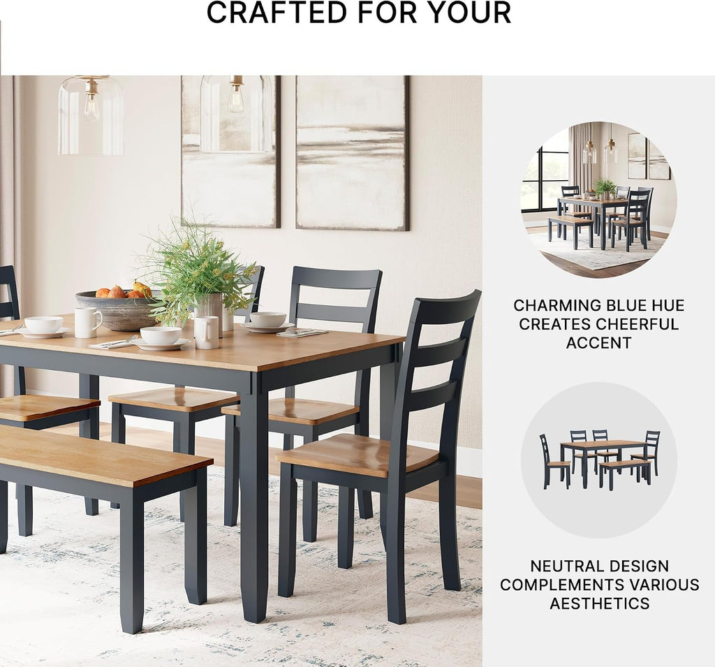 Signature Design by Ashley Gesthaven Casual Dining Room Table Set with 4 Chairs and Bench, Set of 6, Mango Wood, 30.25" Table Height, Blue & Light Brown