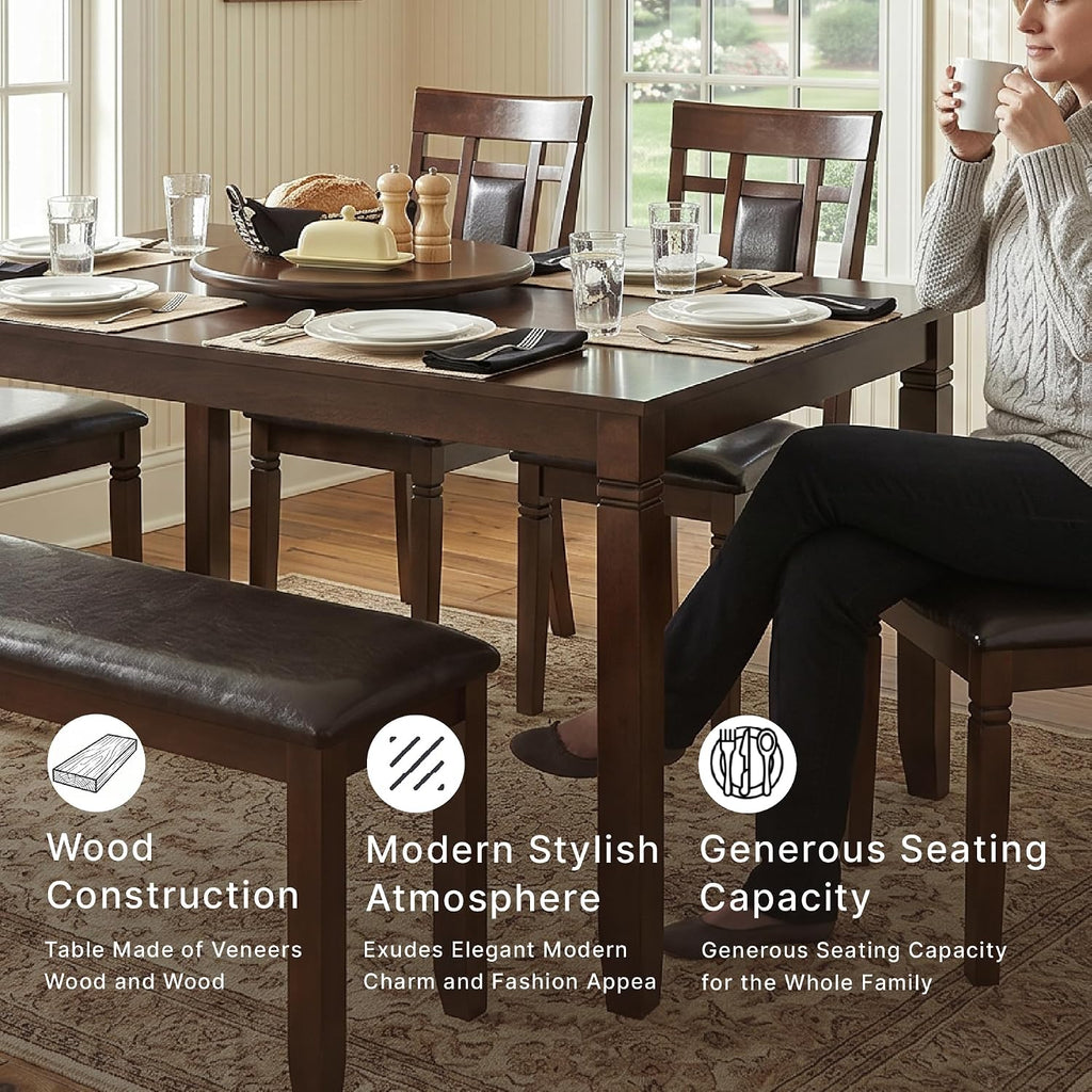 Signature Design by Ashley Bennox 6 Piece Dining Set with Upholstered Bench, Table & 4 Upholstered Chairs, Seats 6, Wood, Brown