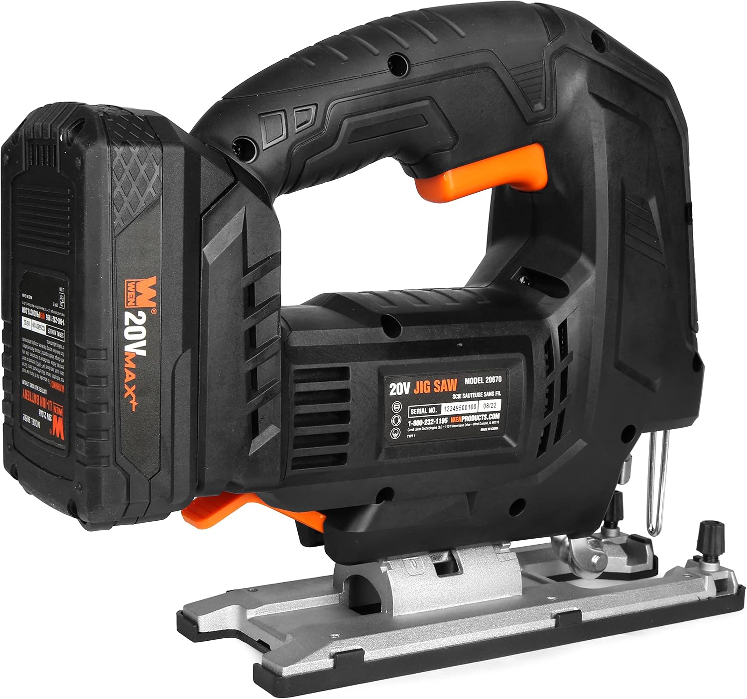 WEN Cordless Jigsaw, Brushless with Auto-Speed, 20V Max 4.0Ah Lithium Ion Battery, and Charger (20670)