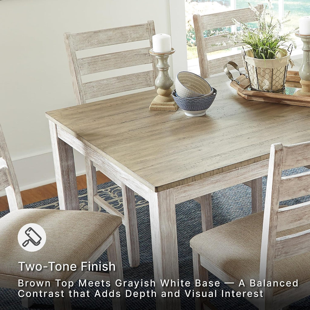 Signature Design by Ashley Skempton Cottage Dining 7 Piece Set – Rectangular Table & 6 Upholstered Chairs | Coastal Chic Meets Farmhouse, Whitewash