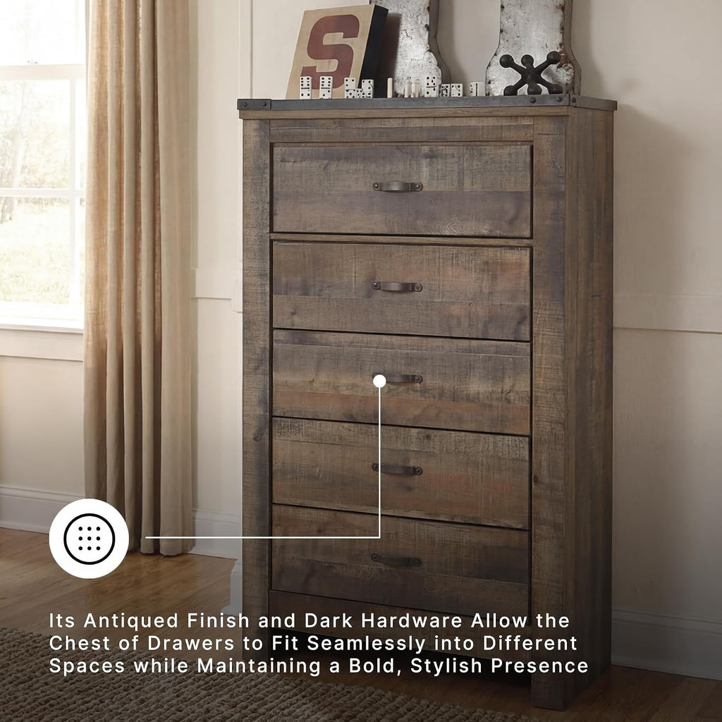 Signature Design by Ashley Trinell Rustic 5 Drawer Chest of Drawers with Nailhead Trim, Warm Brown