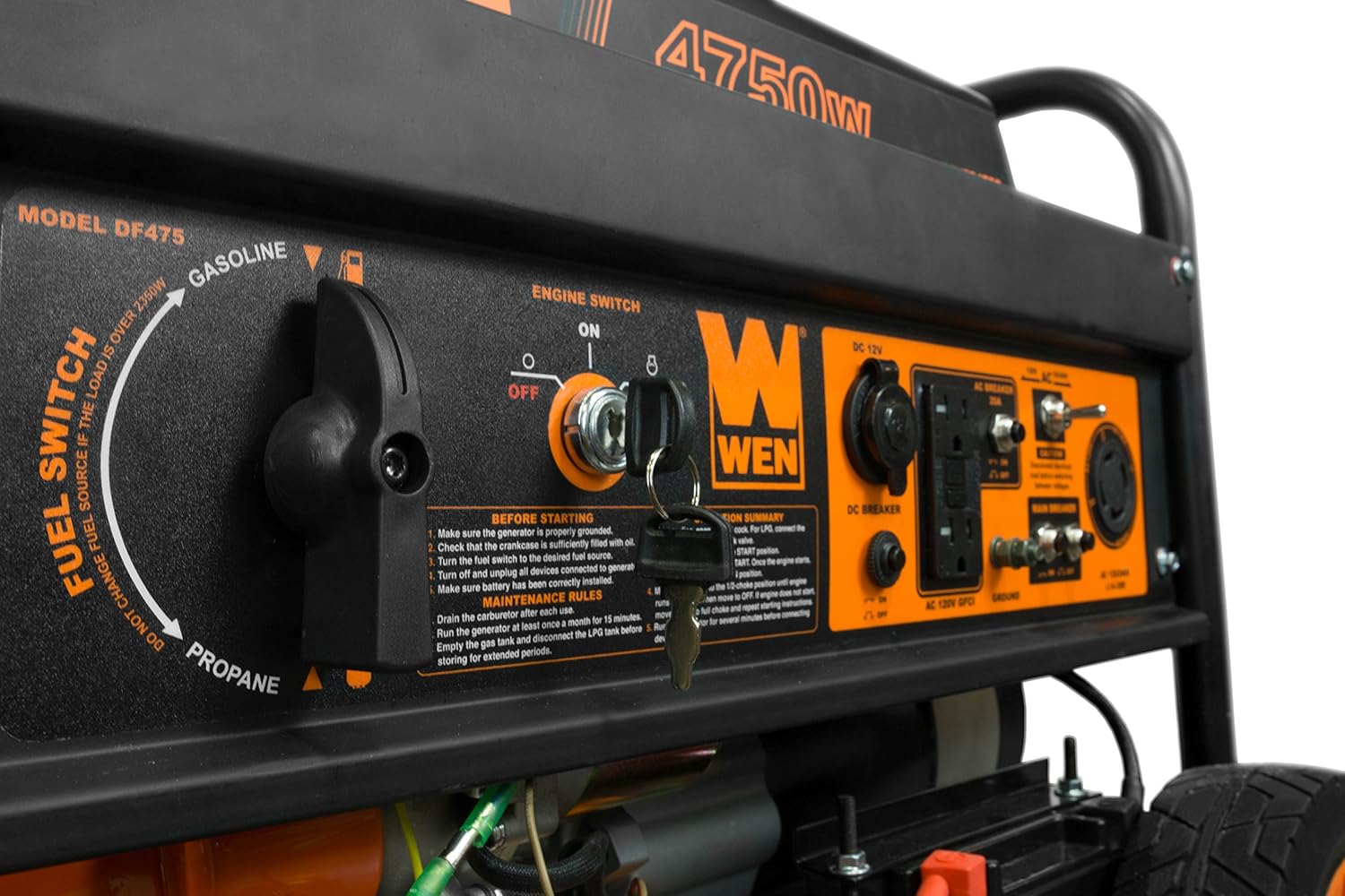 WEN 4,750-Watt 120V/240V Dual Fuel Portable Generator with Wheel Kit and Electric Start (DF475T)