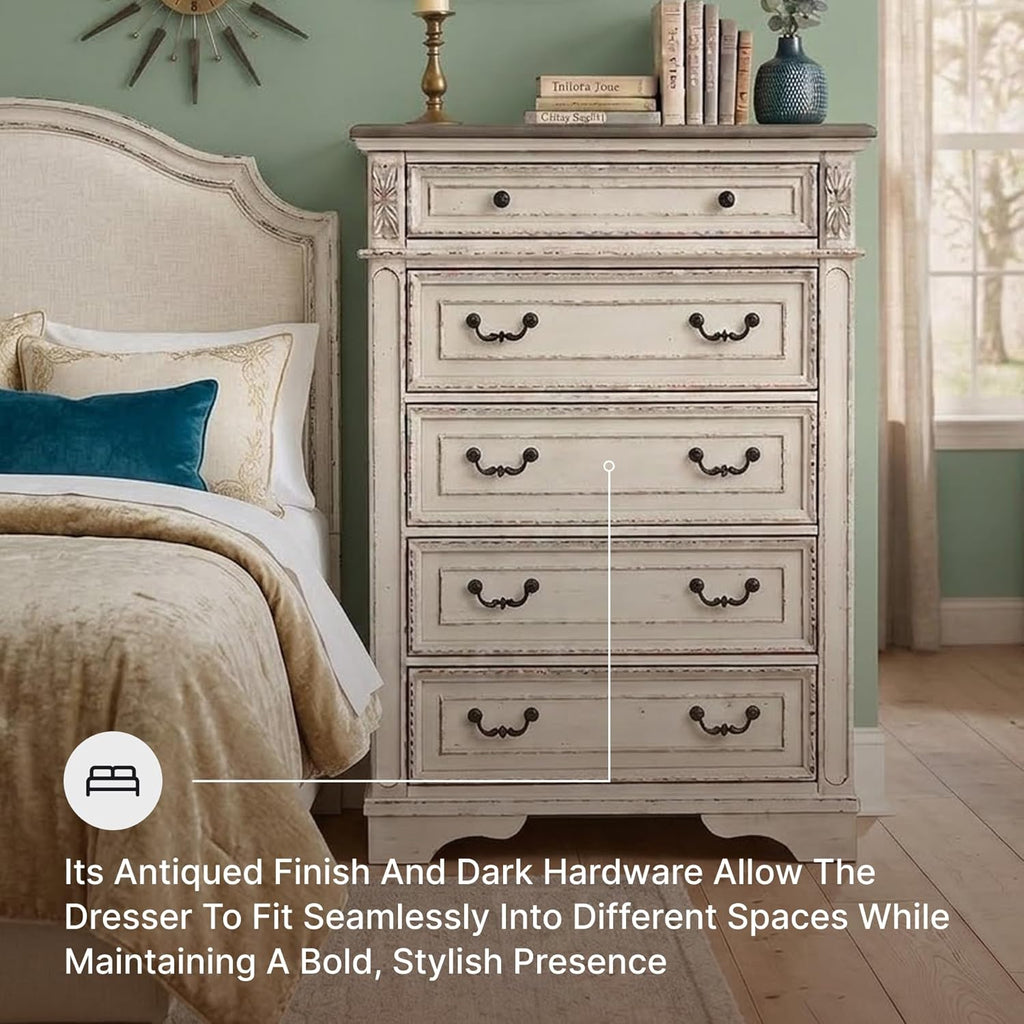 Signature Design by Ashley Realyn French Country 5 Drawer Chest, Tipover Restraint Device, 2-tone Finish, Wood, 40.13" W x 18.13" D x 58.13" H, Chipped White