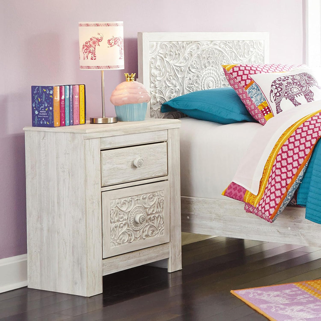 Signature Design by Ashley Paxberry Boho 2 Drawer Nightstand with 2 Slim-Profile USB Charging Ports, 29.21" Tall, Whitewash