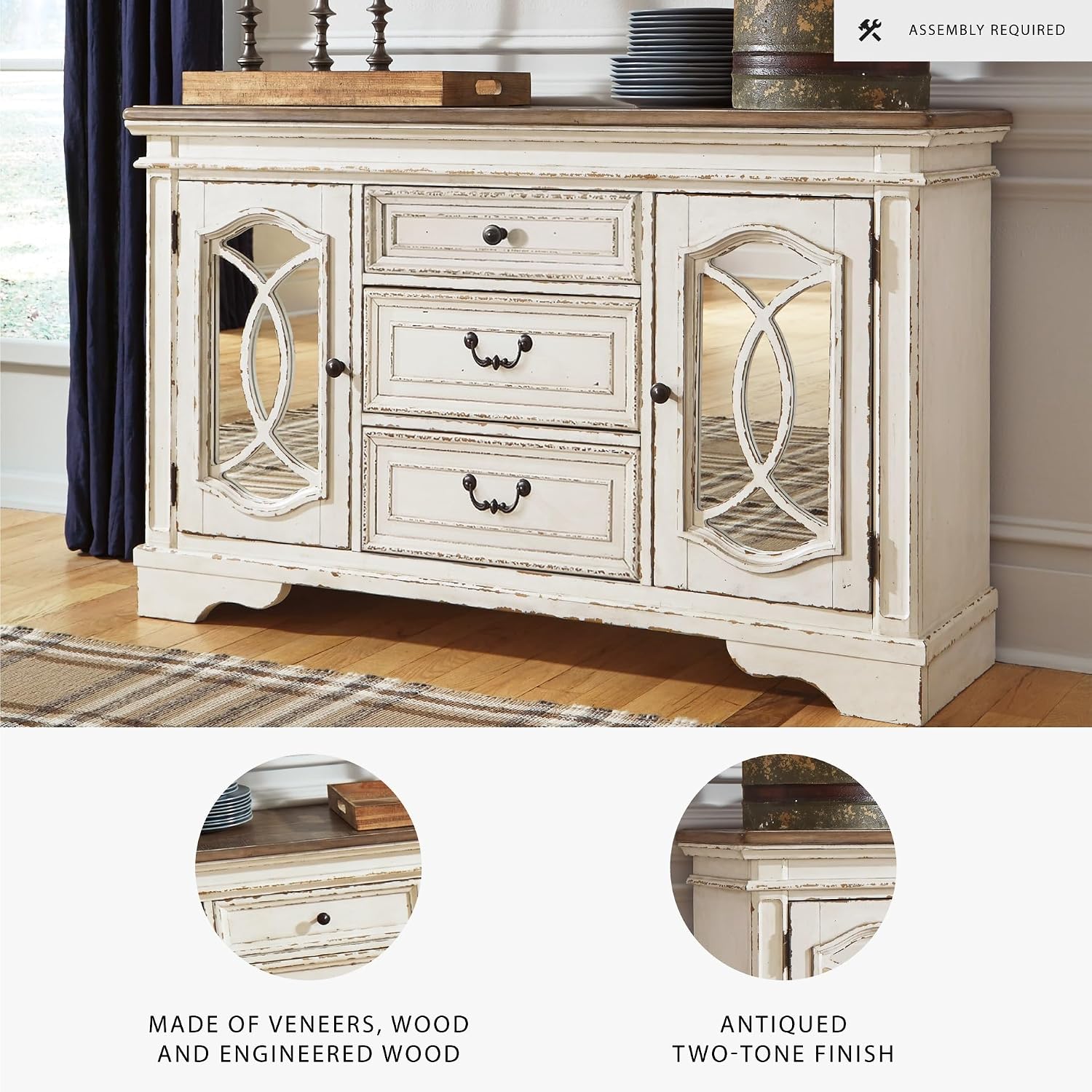 Signature Design by Ashley Realyn French Country Distressed Dining Room Server, 3 Drawers, 2 Cabinet Doors, Wood, 59" W x 17" D x 36.5" H, Chipped White