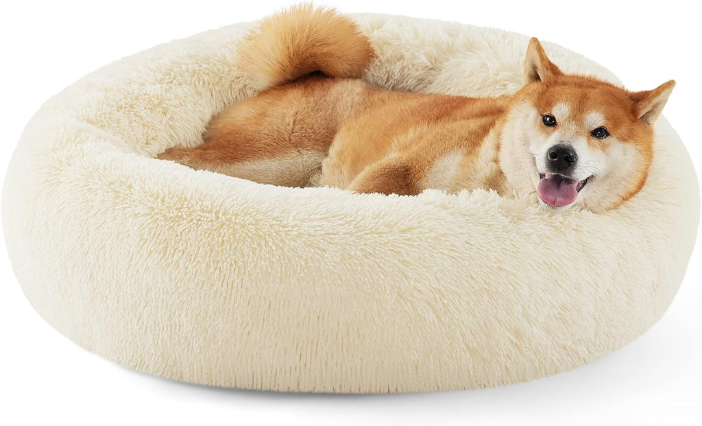 Bedsure Calming Dog Bed Medium Size Dog - Donut Washable Medium Pet Bed, 30 inches Anti-Slip Round Fluffy Plush Faux Fur Cat Bed, Fits up to 45 lbs Pets, Camel