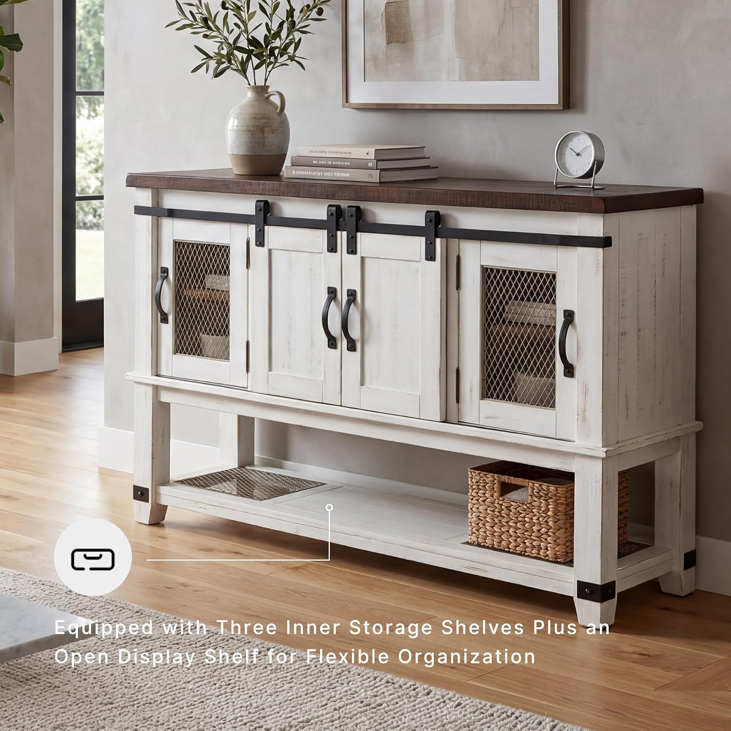 Signature Design by Ashley Valebeck Farmhouse Dining Room Server or Buffet Cabinet, White & Brown