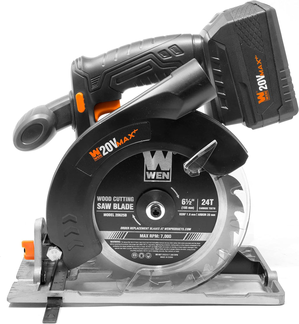 WEN Cordless Circular Saw, 6.5-Inch Blade with 20V Max 4.0 Ah Lithium-Ion Battery and Charger (20625)
