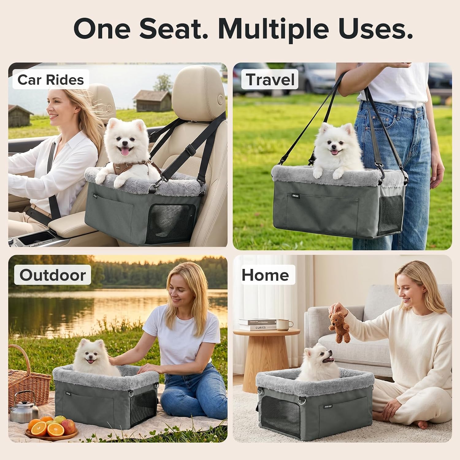 JOEJOY Deluxe Dog Booster Seat with Sturdy Metal Frame and Safety Leash for Small Pets up to 20 lbs - Portable Puppy Dog Car Seat with Thick Cushion and Storage Pockets for Small Dogs