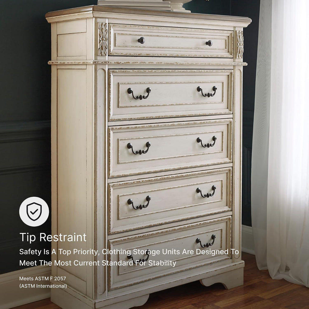 Signature Design by Ashley Realyn French Country 5 Drawer Chest, Tipover Restraint Device, 2-tone Finish, Wood, 40.13" W x 18.13" D x 58.13" H, Chipped White