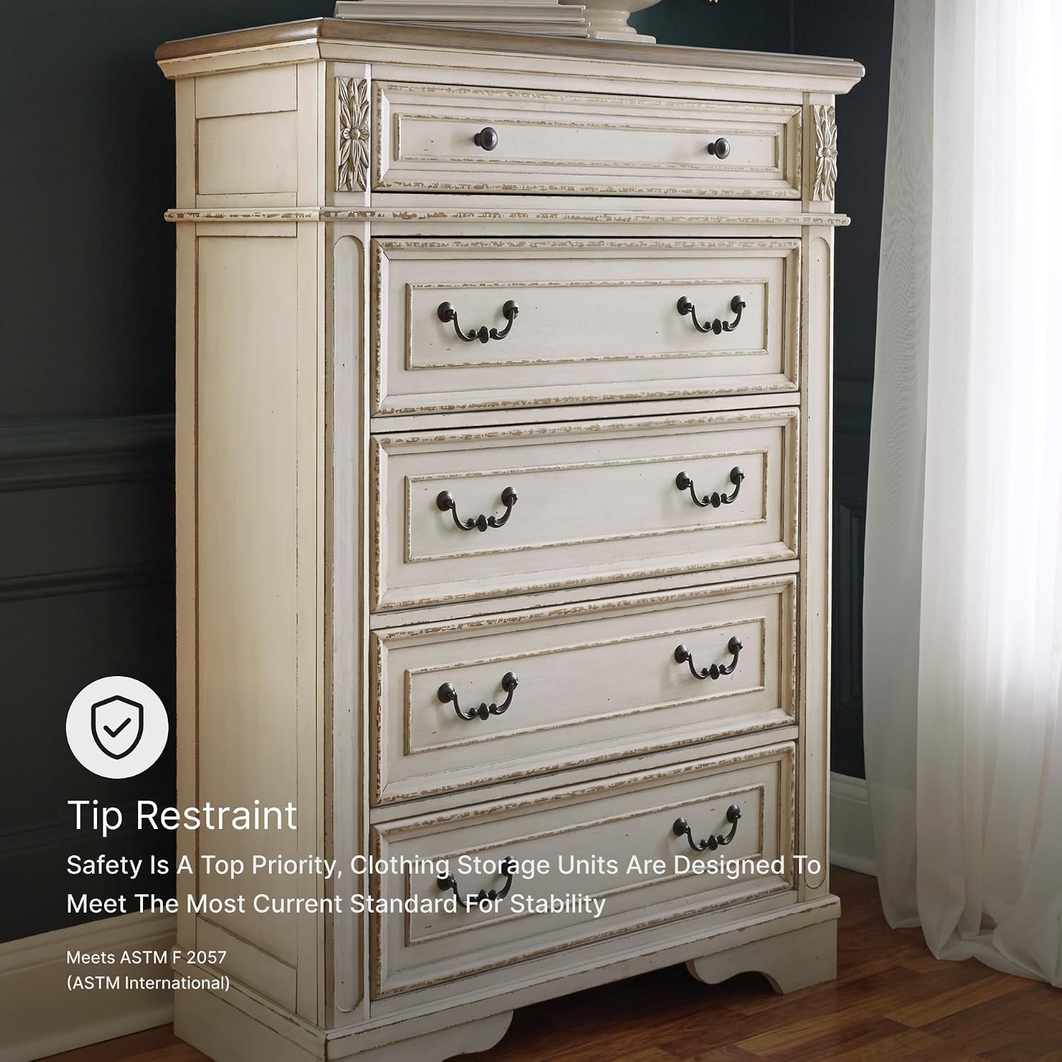 Signature Design by Ashley Realyn French Country 5 Drawer Chest, Tipover Restraint Device, 2-tone Finish, Wood, 40.13" W x 18.13" D x 58.13" H, Chipped White