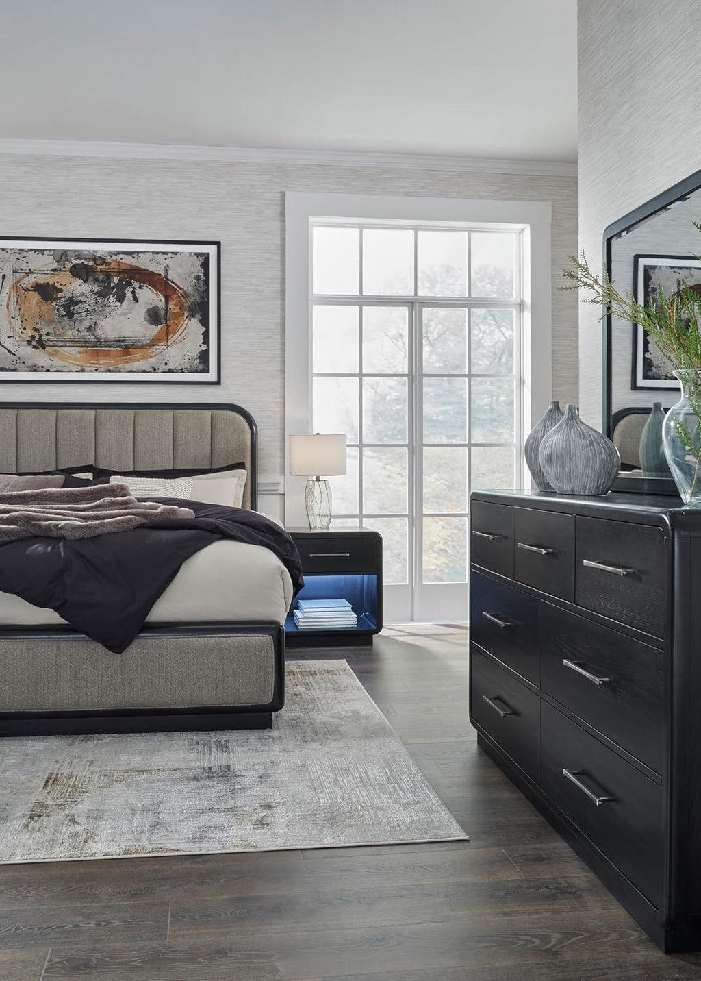 Signature Design by Ashley Rowanbeck Modern Seven-Drawer Dresser with Waterfall Edges, Nickel-Tone Hardware, Wood and Ash Veneer, Black Finish, 63.75' W