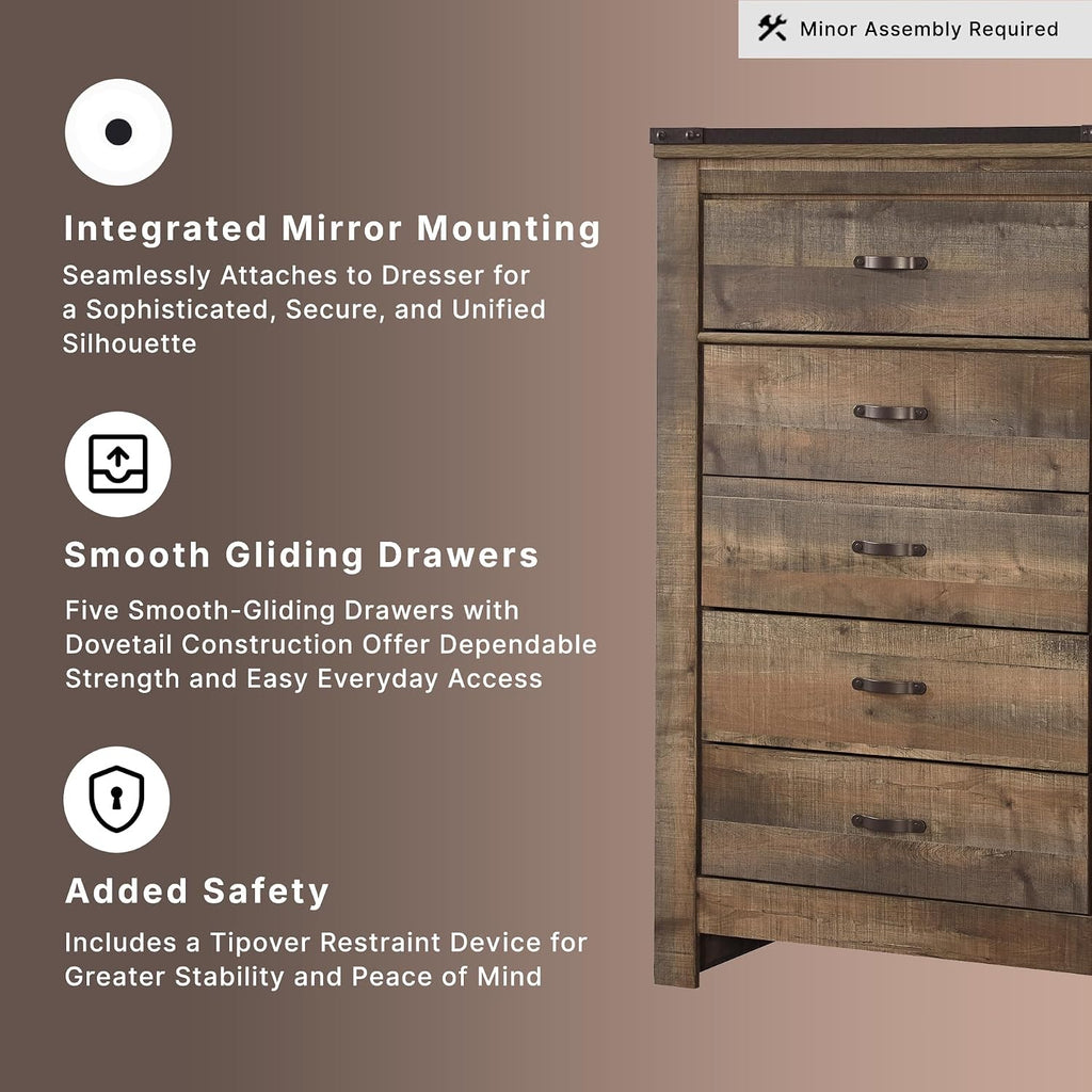 Signature Design by Ashley Trinell Rustic 5 Drawer Chest of Drawers with Nailhead Trim, Warm Brown