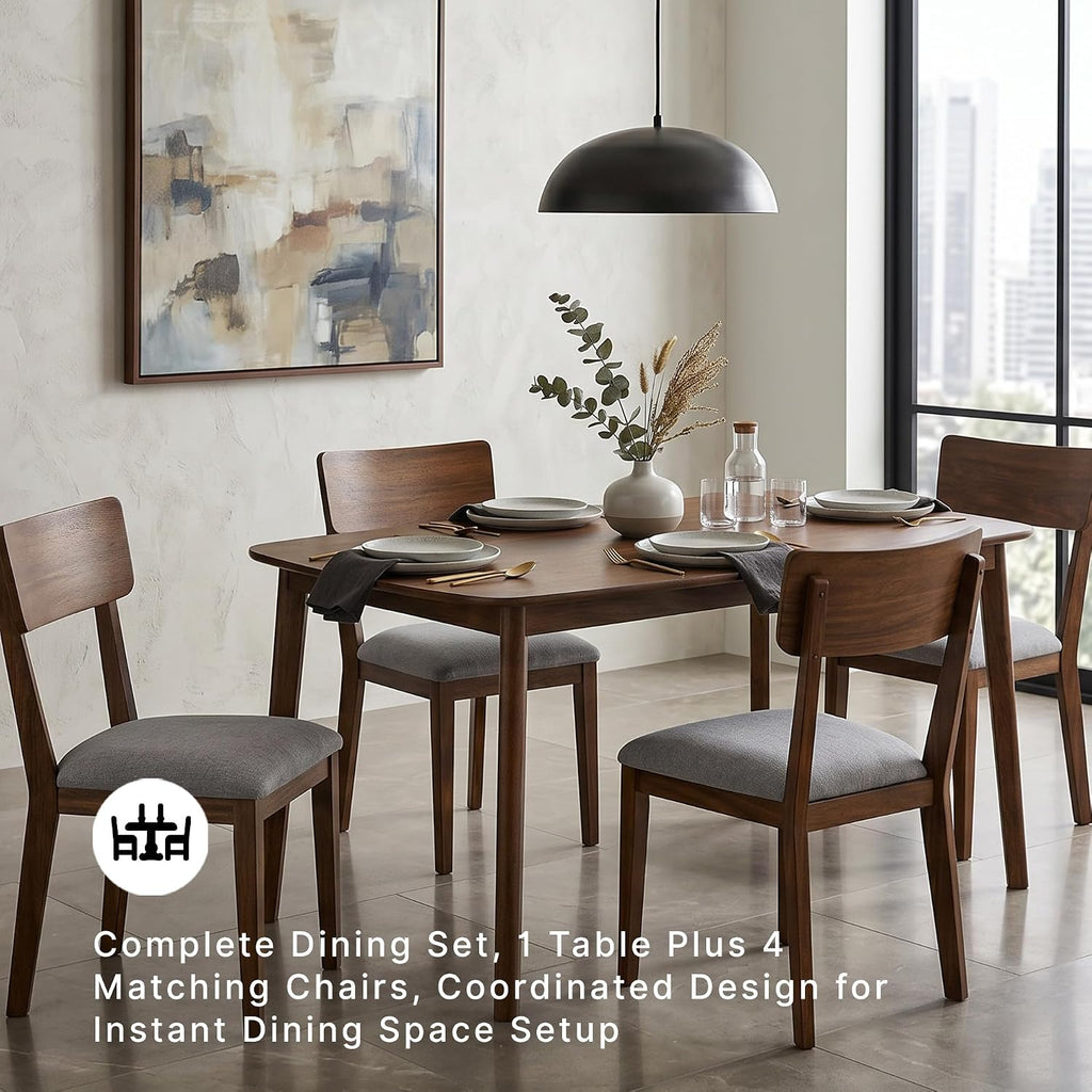 Signature Design by Ashley Allstream Mid-Century Modern Dining Table and Chairs Set with Cushioned Seat, Set of 5, Brown & Gray