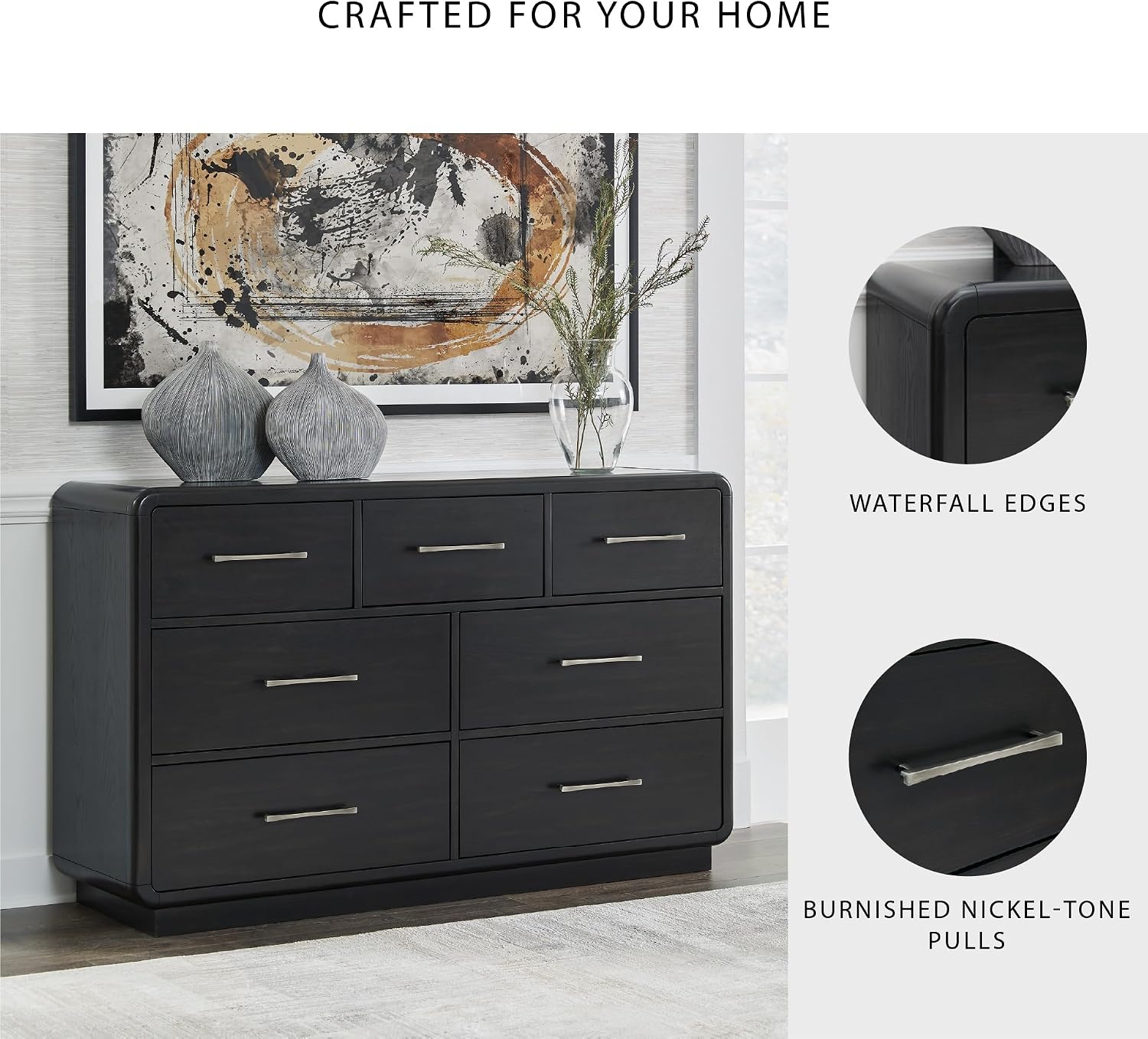 Signature Design by Ashley Rowanbeck Modern Seven-Drawer Dresser with Waterfall Edges, Nickel-Tone Hardware, Wood and Ash Veneer, Black Finish, 63.75' W