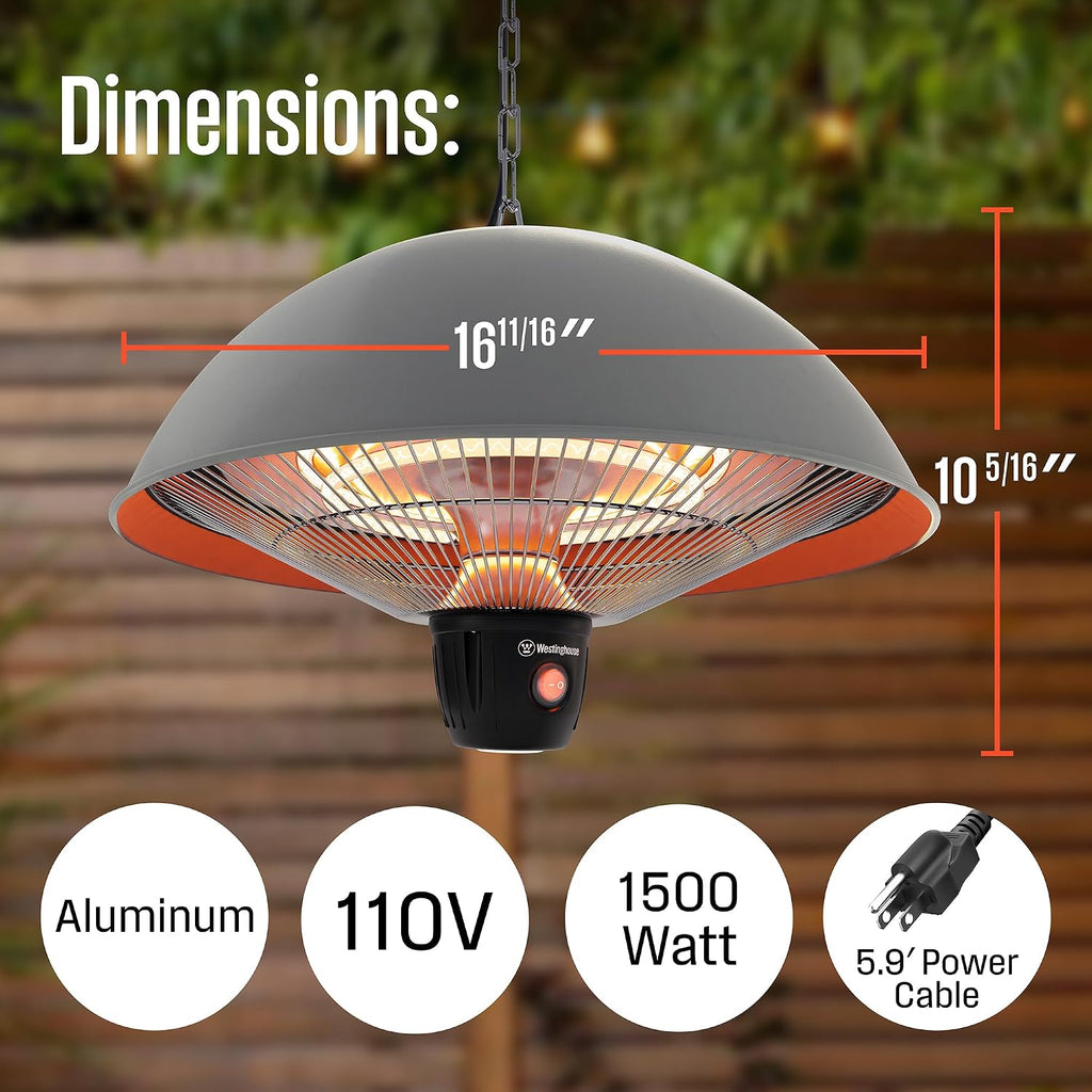 Westinghouse Outdoor Ceiling Patio Heater, Water Resistant, Adjustable Heat Output Up to 1500W, Auto Shut Off Overheat Protection, Hanging Infrared Heater for Patio Cover, Gazebo, & More - Gray