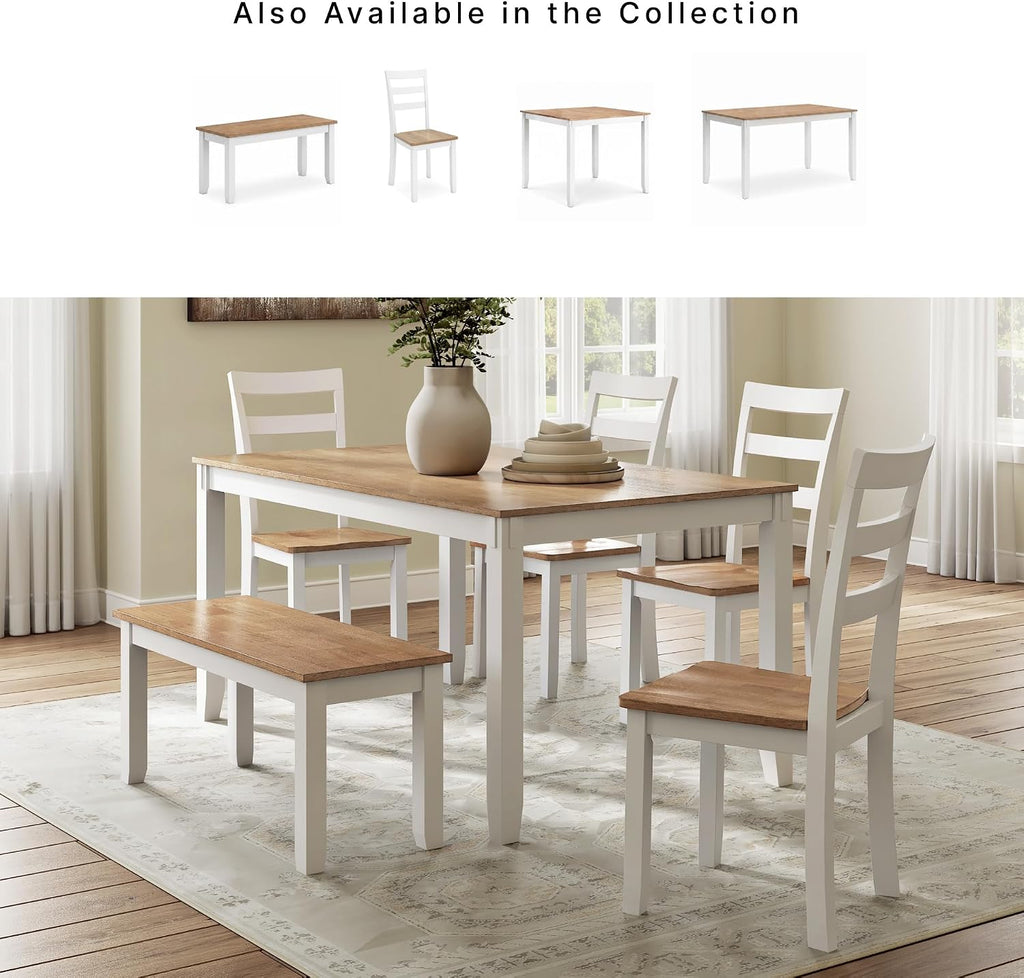 Signature Design by Ashley Gesthaven Casual Modern Dining Room Table Set with 4 Chairs and Bench, Set of 6, Mango Wood, 30.25" Table Height, White & Light Brown