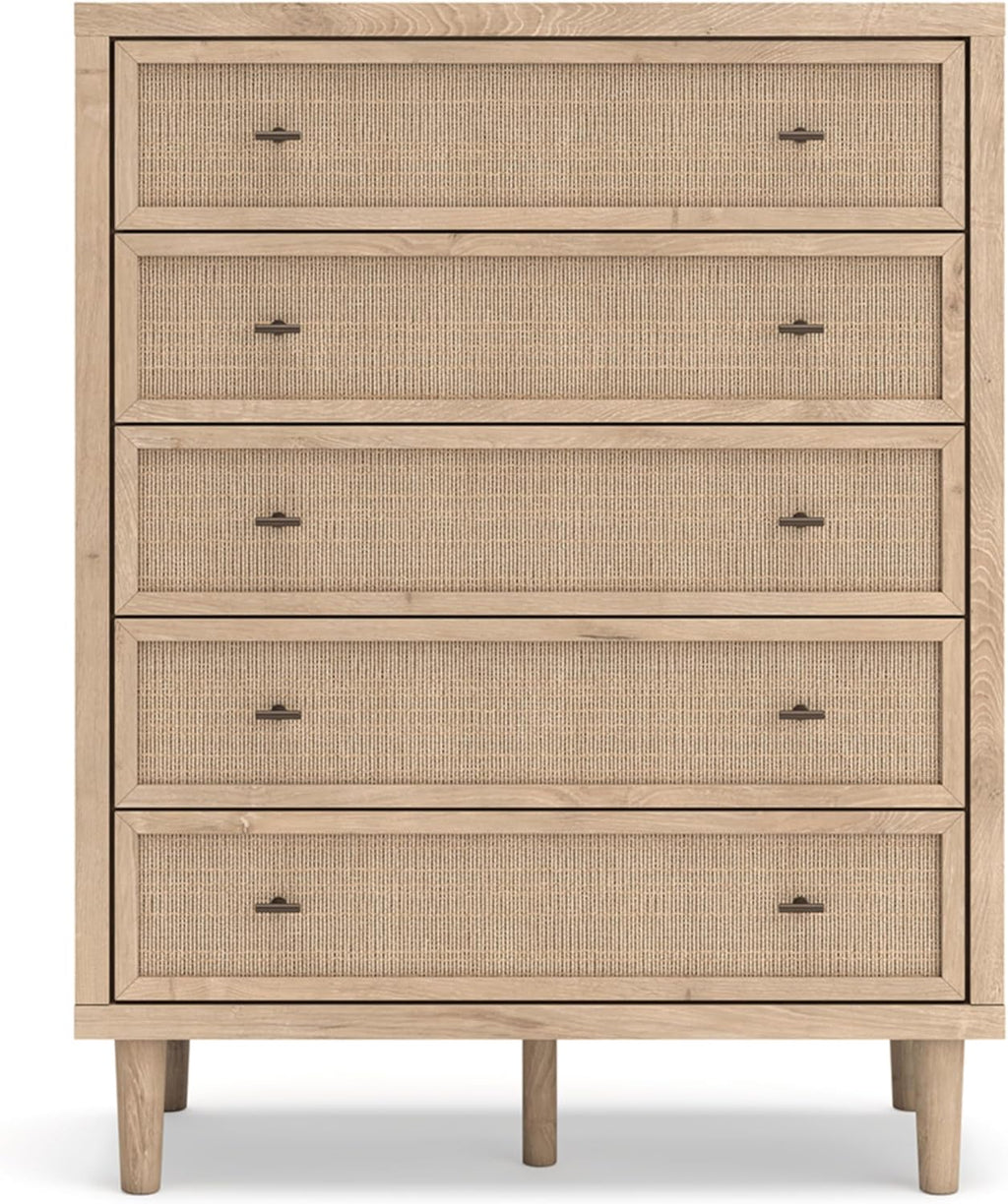 Signature Design by Ashley Cielden Contemporary Chest of Drawers with Textured Cane Details and 5 Drawers, Bronze Knobs, Wood, 52.48" High, Light Brown