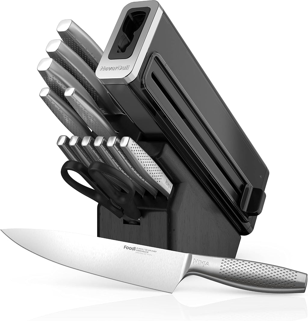 Ninja K62014 Foodi NeverDull Premium 14-Piece German Stainless Steel Knife System with Built-in Sharpener, Stainless Steel/Black