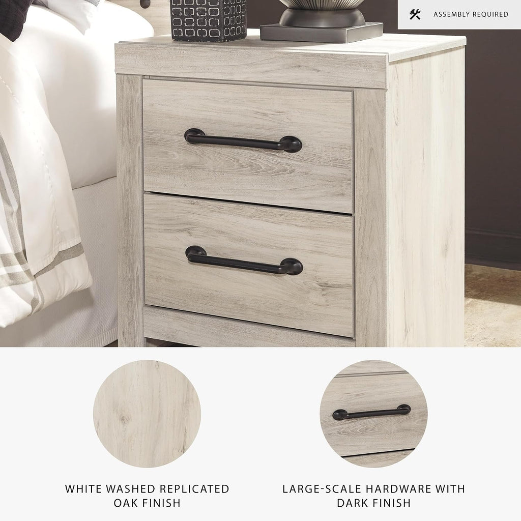 Signature Design by Ashley Cambeck Farmhouse Industrial 2 Drawer Two Drawer Nightstand with 2 Slim-Profile USB Charging Stations, 24.37" Tall, Whitewash