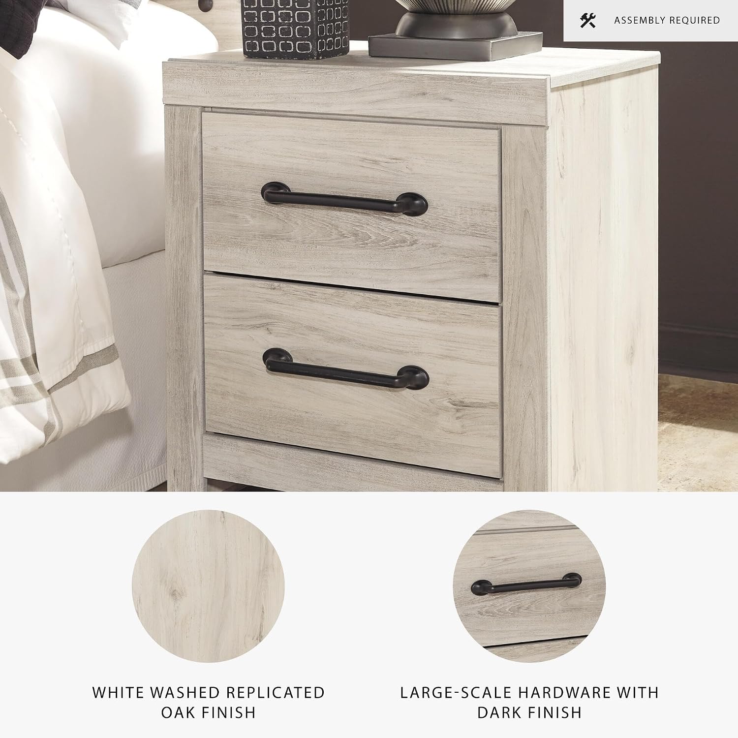 Signature Design by Ashley Cambeck Farmhouse Industrial 2 Drawer Two Drawer Nightstand with 2 Slim-Profile USB Charging Stations, 24.37" Tall, Whitewash