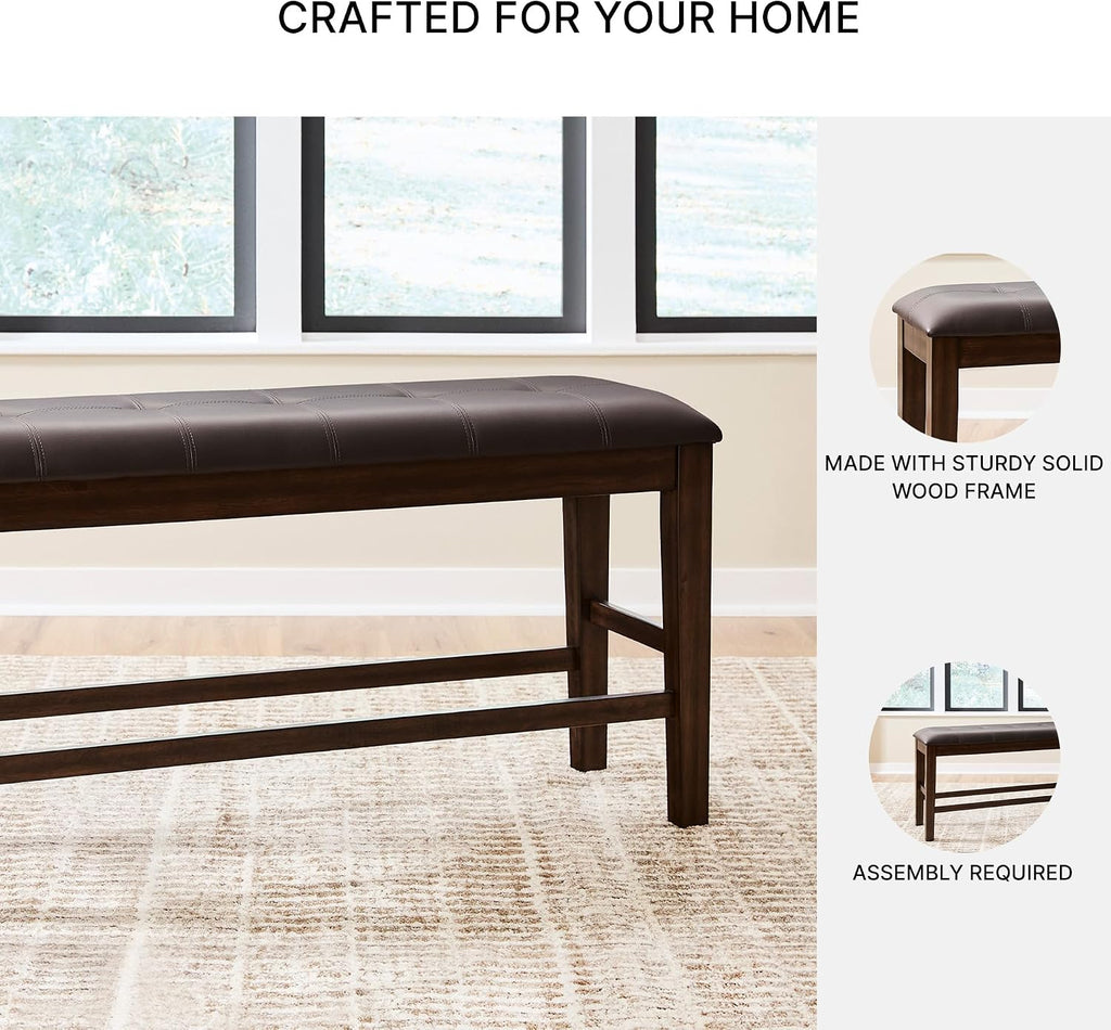 Signature Design by Ashley Haddigan Casual Tufted Faux Leather Upholstered Counter Height Dining Bench with Oak Finish, Dark Brown