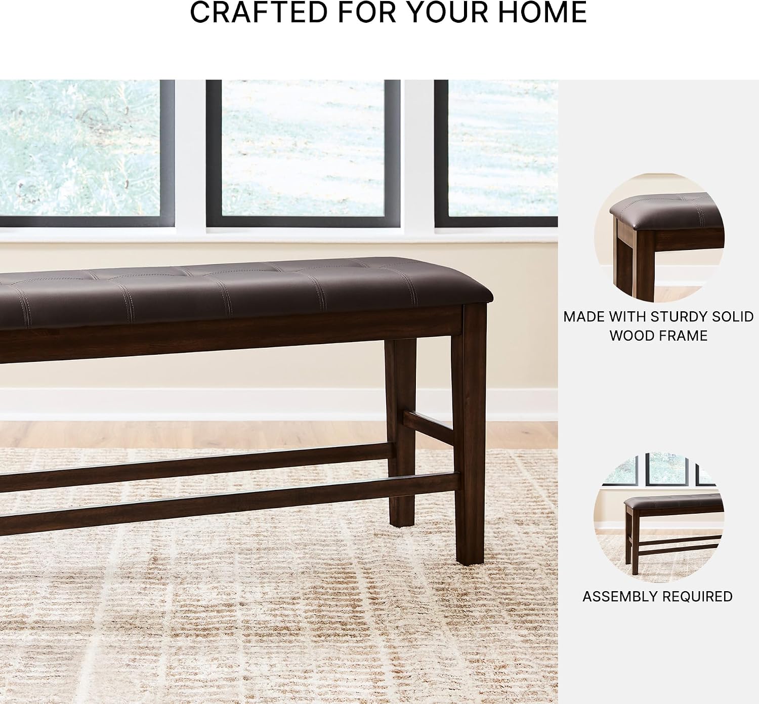 Signature Design by Ashley Haddigan Casual Tufted Faux Leather Upholstered Counter Height Dining Bench with Oak Finish, Dark Brown