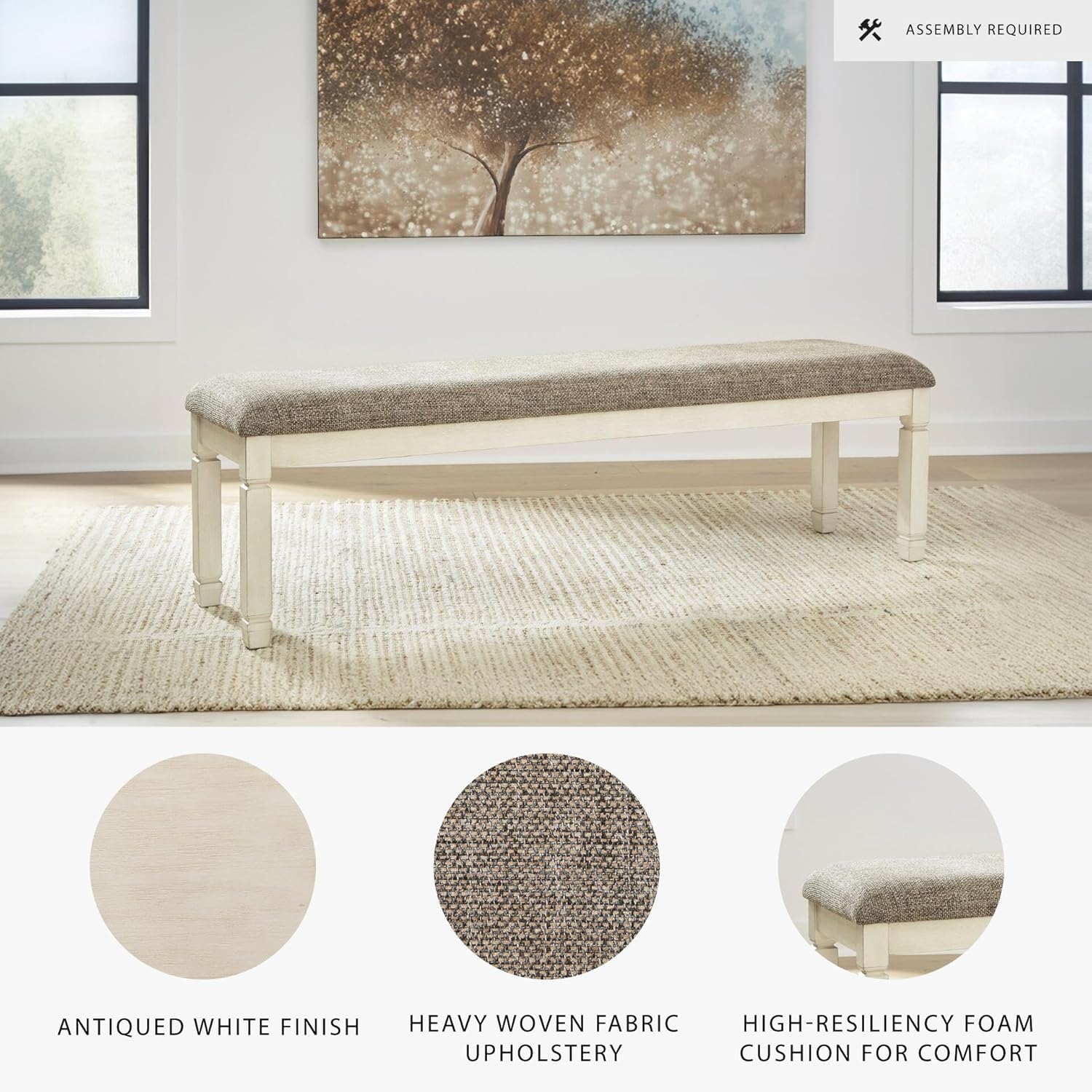 Signature Design by Ashley Bolanburg Casual 65" Upholstered Dining Room Bench with Foam Cushion, Antique Cream & Brown