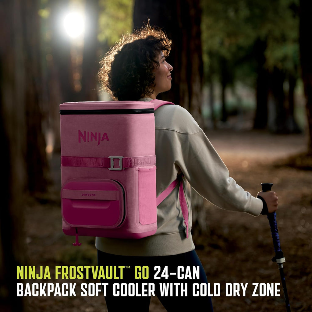 Ninja FrostVault Go Backpack Soft Cooler with Cold Dry Zone Storage, Ergonomic Backpack Straps for Lightweight Carrying, Premium Heavy Duty Insulated Cooler, Keeps Ice for Hours, Petal Pink, FF124PK