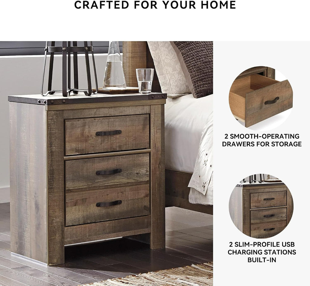 Signature Design by Ashley Trinell Rustic 2 Drawer Nightstand with USB Charging Stations, 29.65" Tall, Warm Brown