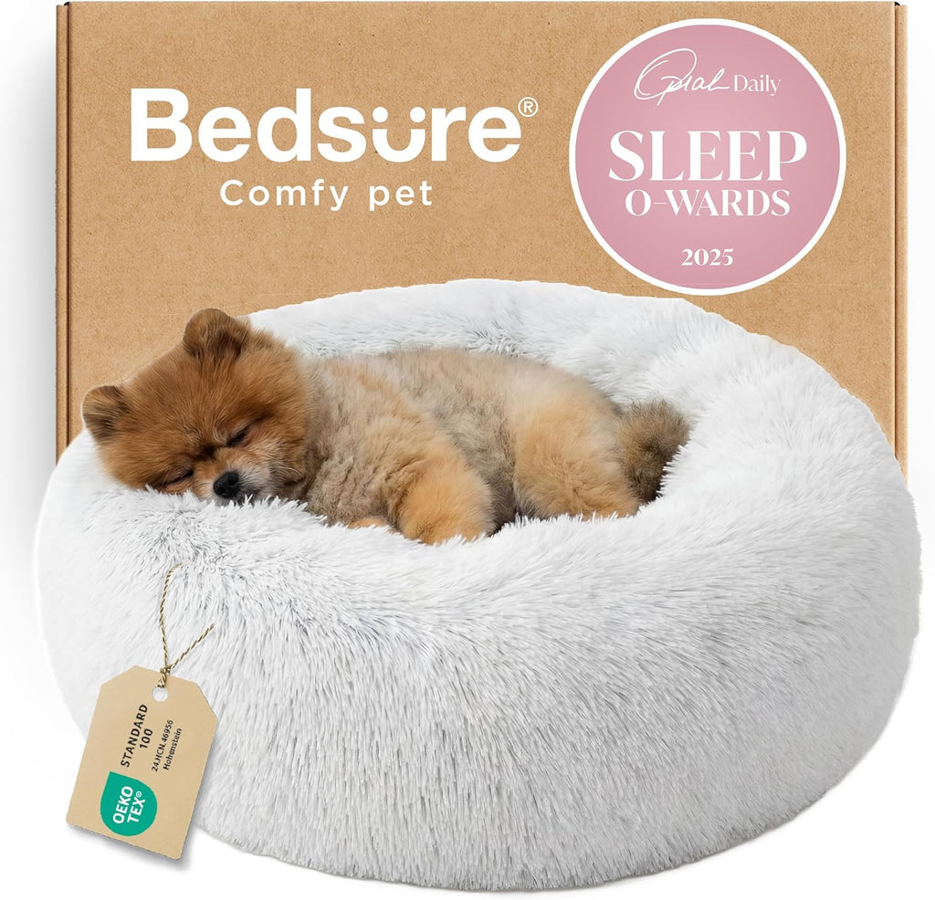 Bedsure Calming Dog Bed Medium Size Dog - Donut Washable Medium Pet Bed, 30 inches Anti-Slip Round Fluffy Plush Faux Fur Cat Bed, Fits up to 45 lbs Pets, Camel
