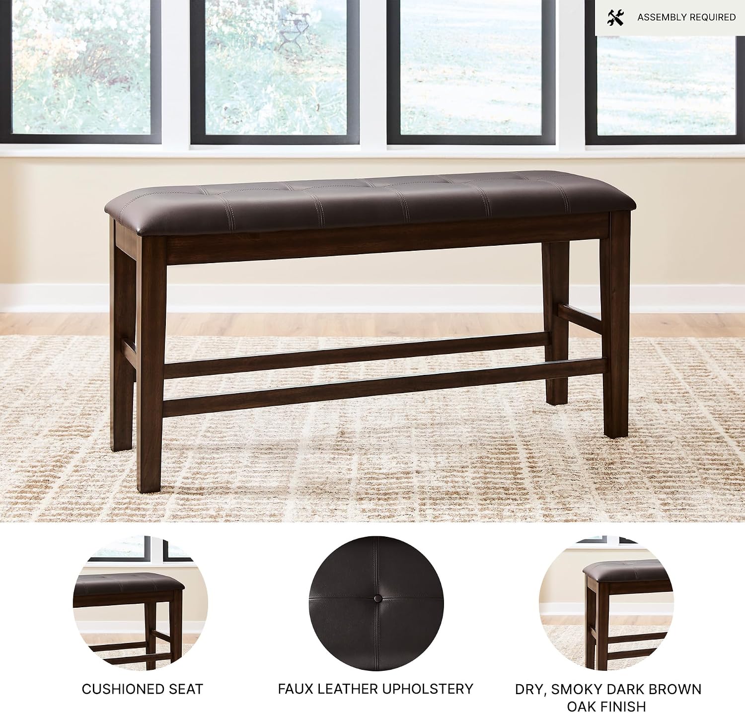 Signature Design by Ashley Haddigan Casual Tufted Faux Leather Upholstered Counter Height Dining Bench with Oak Finish, Dark Brown