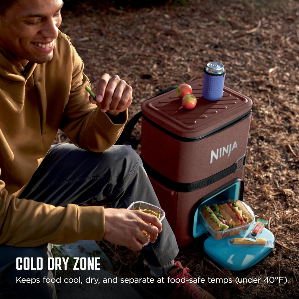 Ninja | Backpack Cooler | FrostVault Go 36 Can Soft Cooler | Leakproof Zipper with Built in Can Opener, 2 Ice Packs & Dry Storage Drawer | for Hiking, Camping & More | Canyon Red | FF136MR