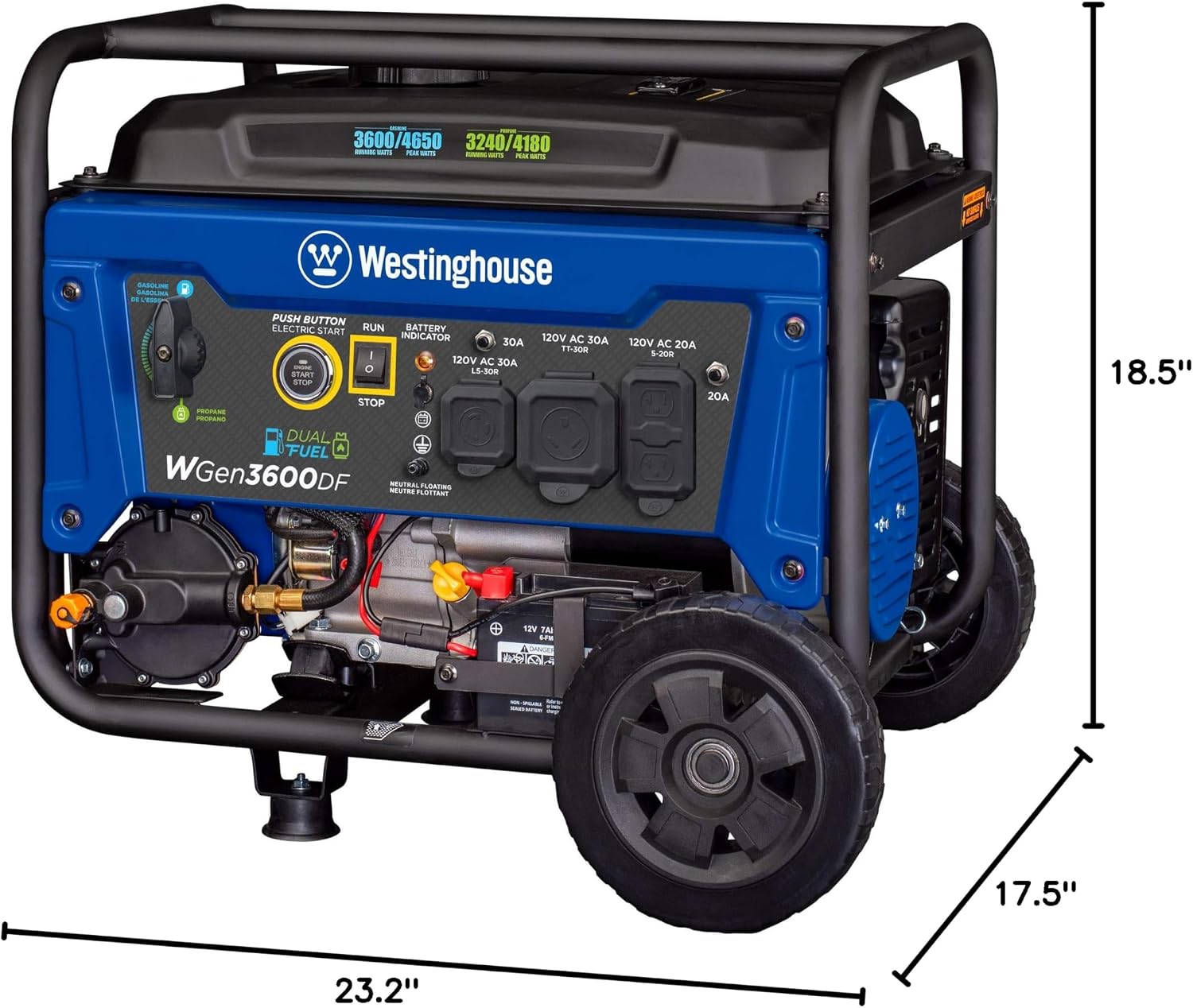 Westinghouse 4650 Peak Watt Dual Fuel Portable Generator, Remote Electric Start with Auto Choke, RV Ready 30A Outlet, Gas & Propane Powered