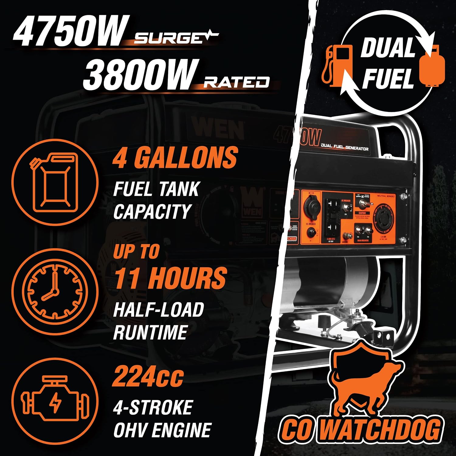 WEN DF472X 4750-Watt 120-Volt/240-Volt Dual Fuel Portable Generator with CO Shutdown Sensor