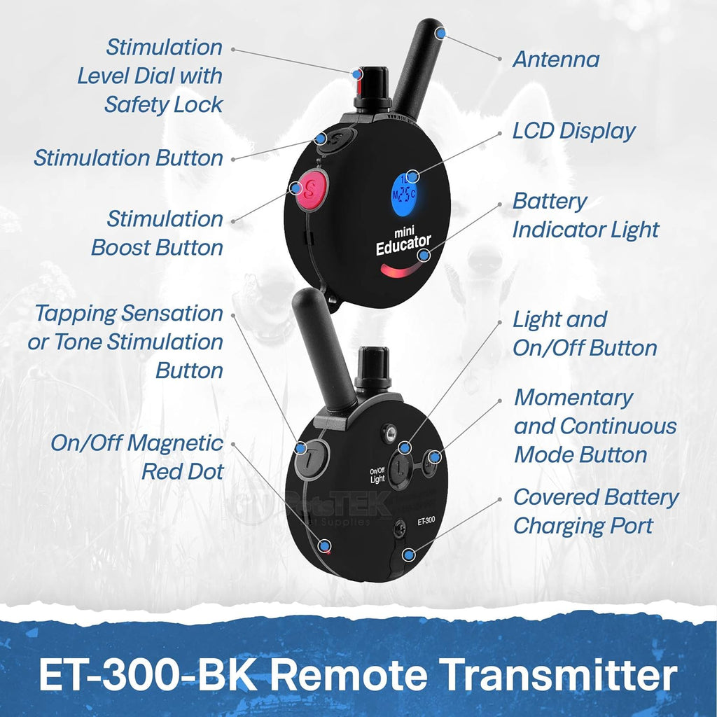 Educator ET-300 Black Mini E Collar for Dog Training with Remote - 1/2 Mile Range, Waterproof, 100 Blunt Stimulation Levels, Tone or Vibration Mode, Night Light Tracking for Small, Medium & Large Dogs